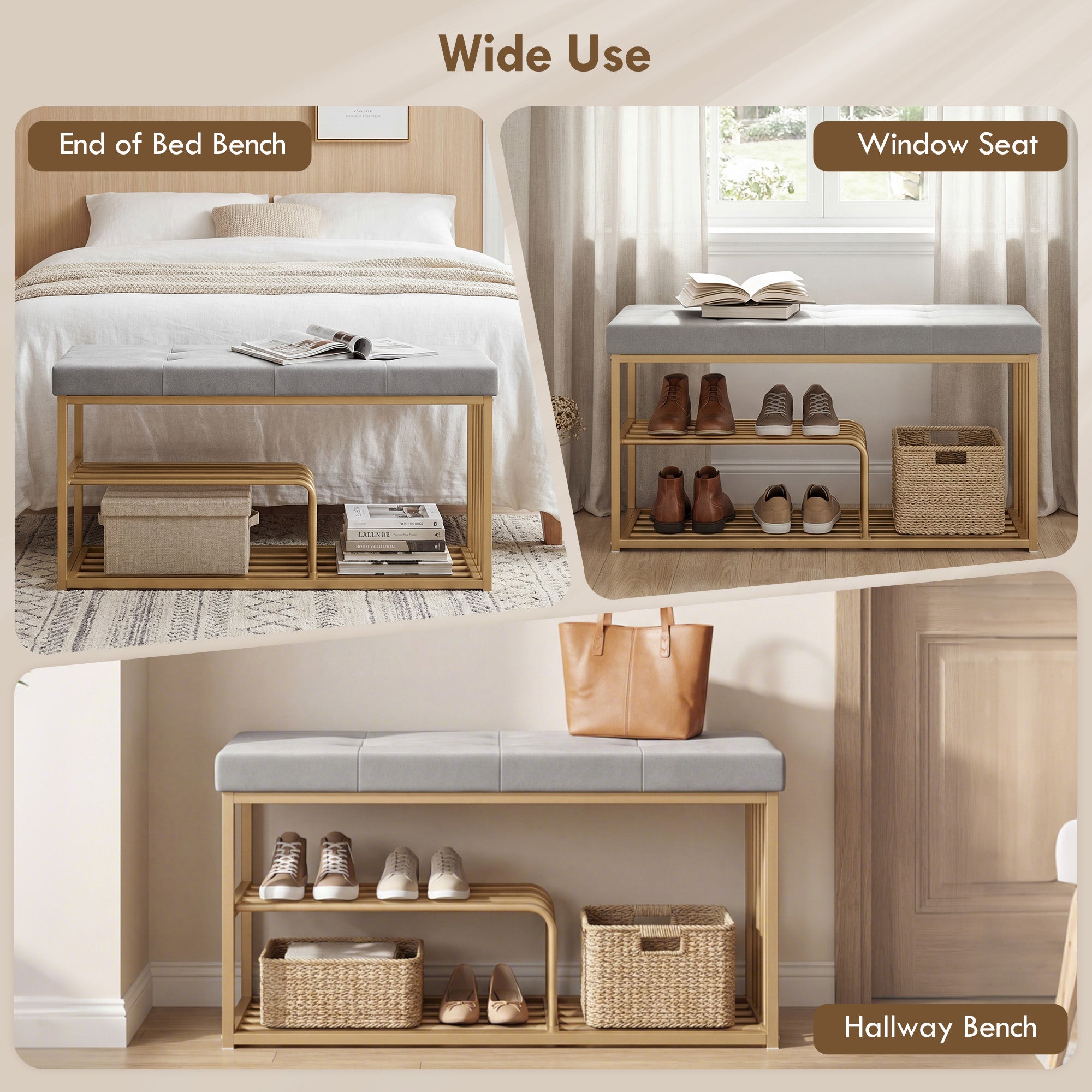 Bench and Shoe Storage, Tufted Shoe Storage Bench with Velvet Seat Cushion Gold Steel Frame for Entryway, Grey