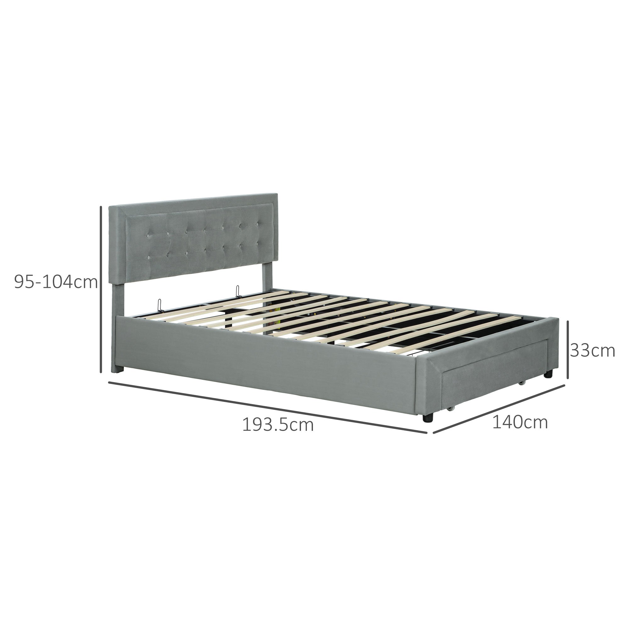 Double Size Ottoman Bed Frame, with Front Drawer - Grey