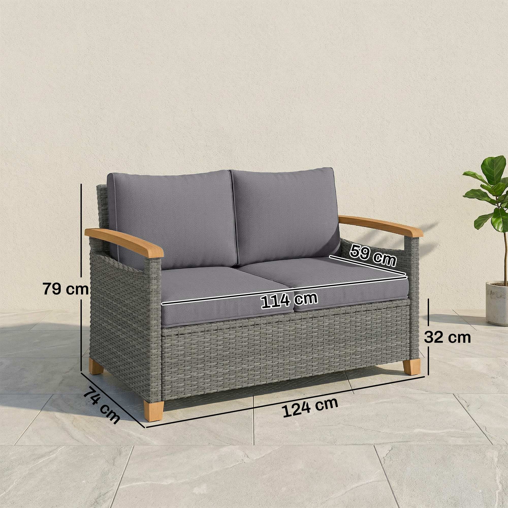2 Seater Rattan Garden Sofa, Outdoor Sofa with Thickened Cushions and Acacia Wood Armrests, Dark Grey