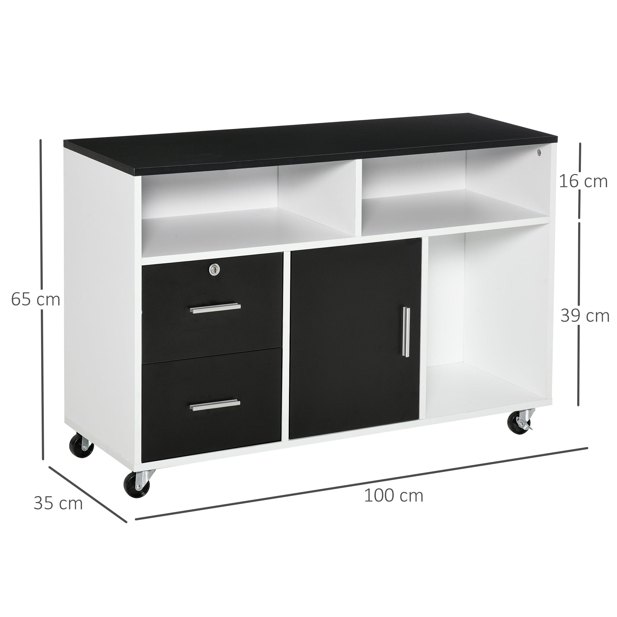 Mobile File Cabinet for Home Office, Lateral Filing Cabinet, Printer Stand with Open Shelves, Lockable Drawer,100cm x 35cm x 65cm, Black