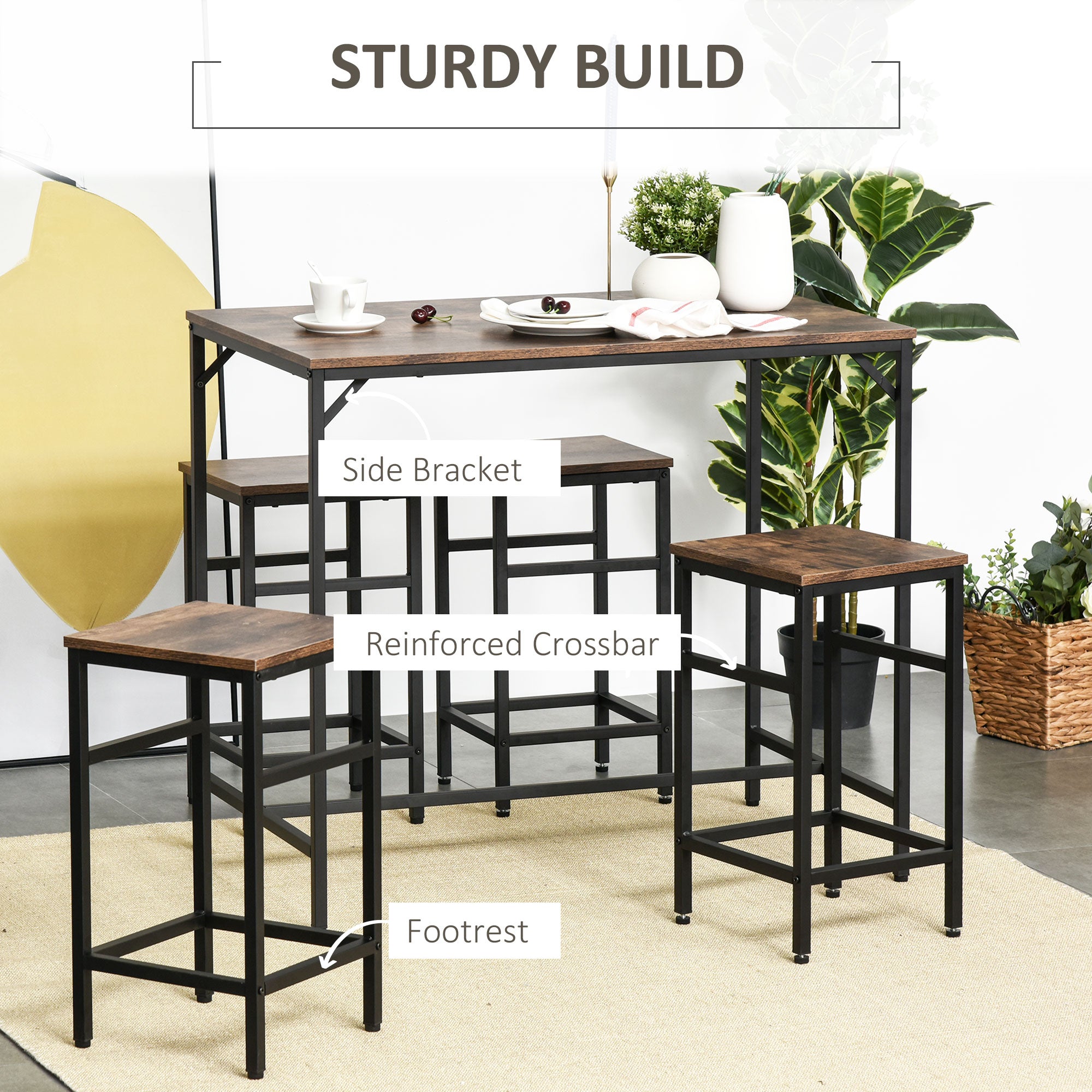 Industrial Rectangular Bar Table Set with 4 Stools for Dining Room, Kitchen, Dinette