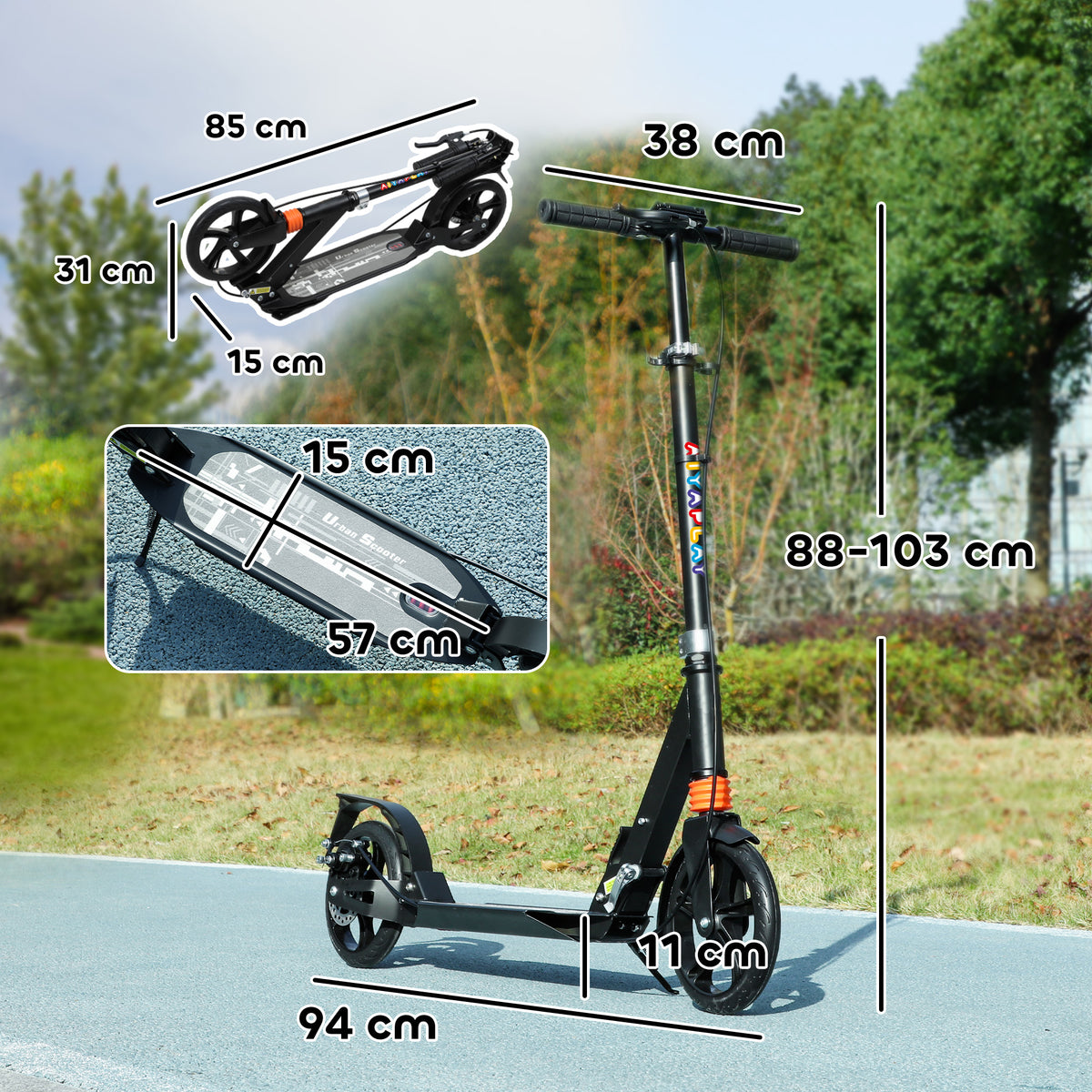 Kids Scooter with 4-Level Adjustable Handlebar, Dual Brake, 200mm Wheels, ABEC-7 Bearings - Black