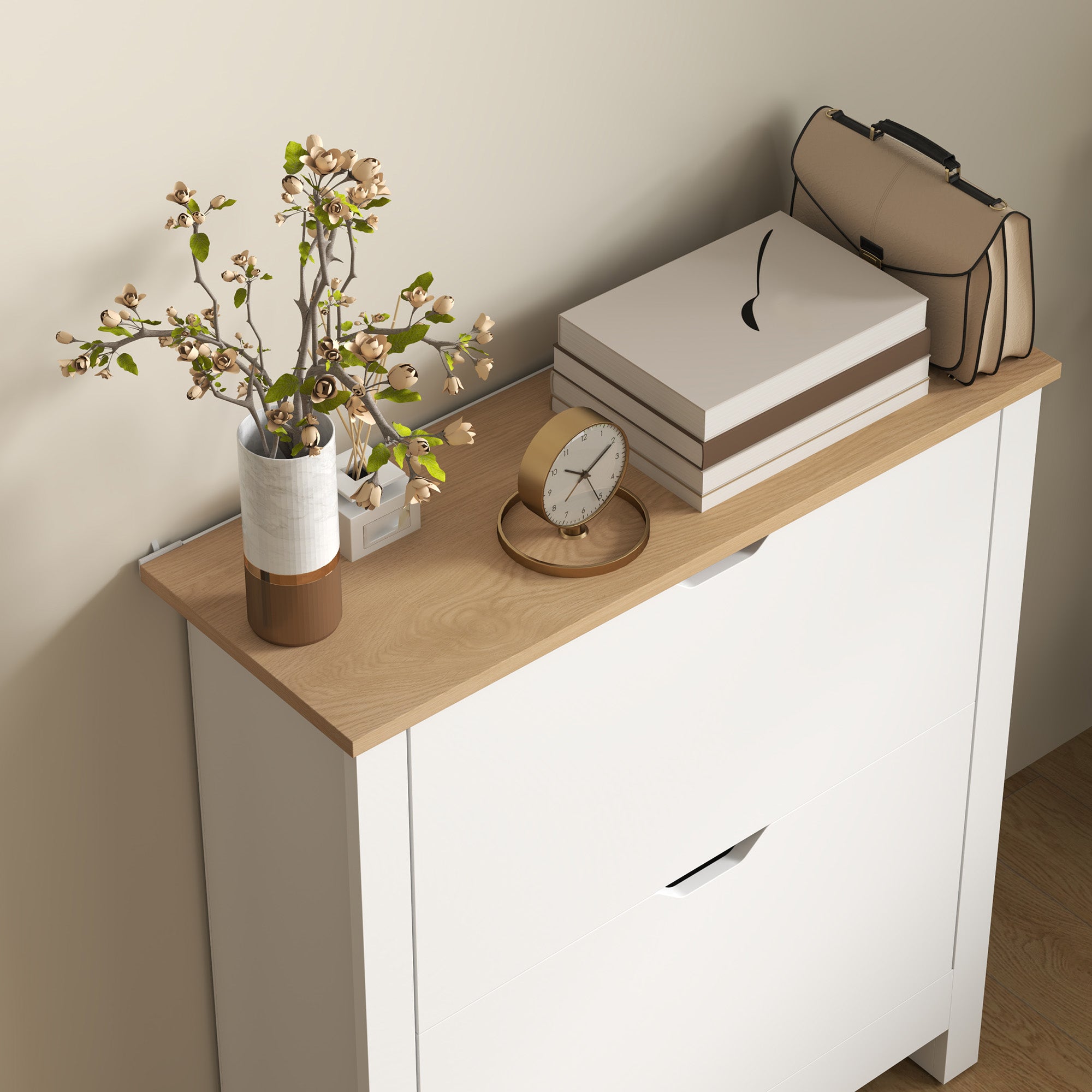 Slim Shoe Cabinet, Narrow Shoe Cupboard with 2 Flip Drawers, Adjustable Shelves for 12 Pairs of Shoes, High Gloss White