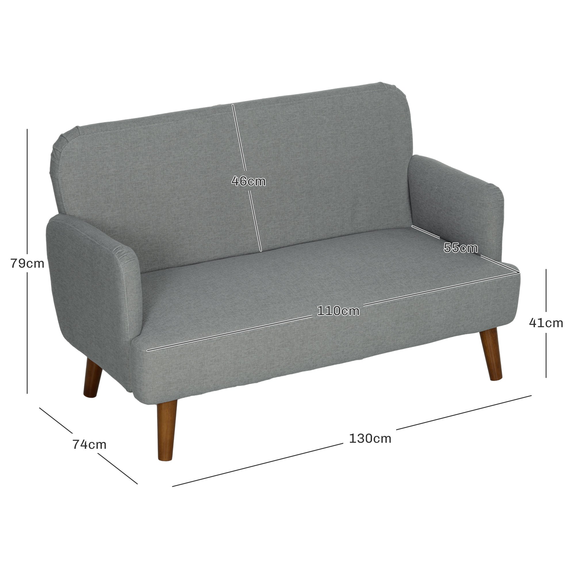 Velvet Feel Fabric 2 Seater Sofa, Small Sofa Loveseat with 21cm Thick Padding and Wood Legs, Grey