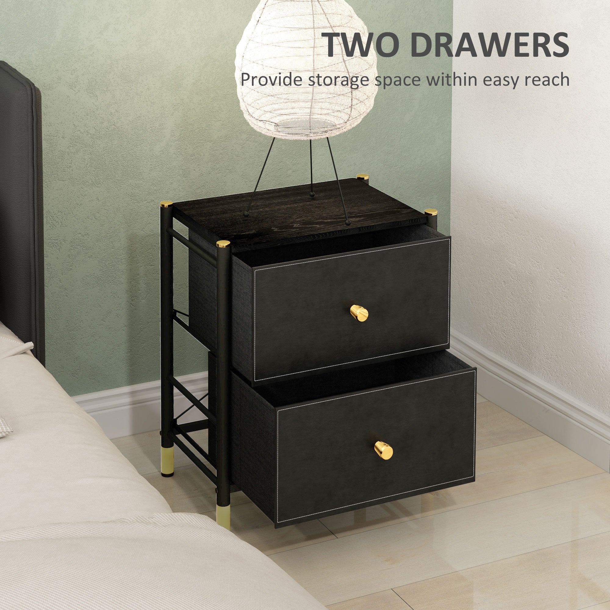 Bedside Table, PU Leather Side Table with 2 Drawers, Bedside Cabinet with Steel Legs for Bedroom, Living Room, Black