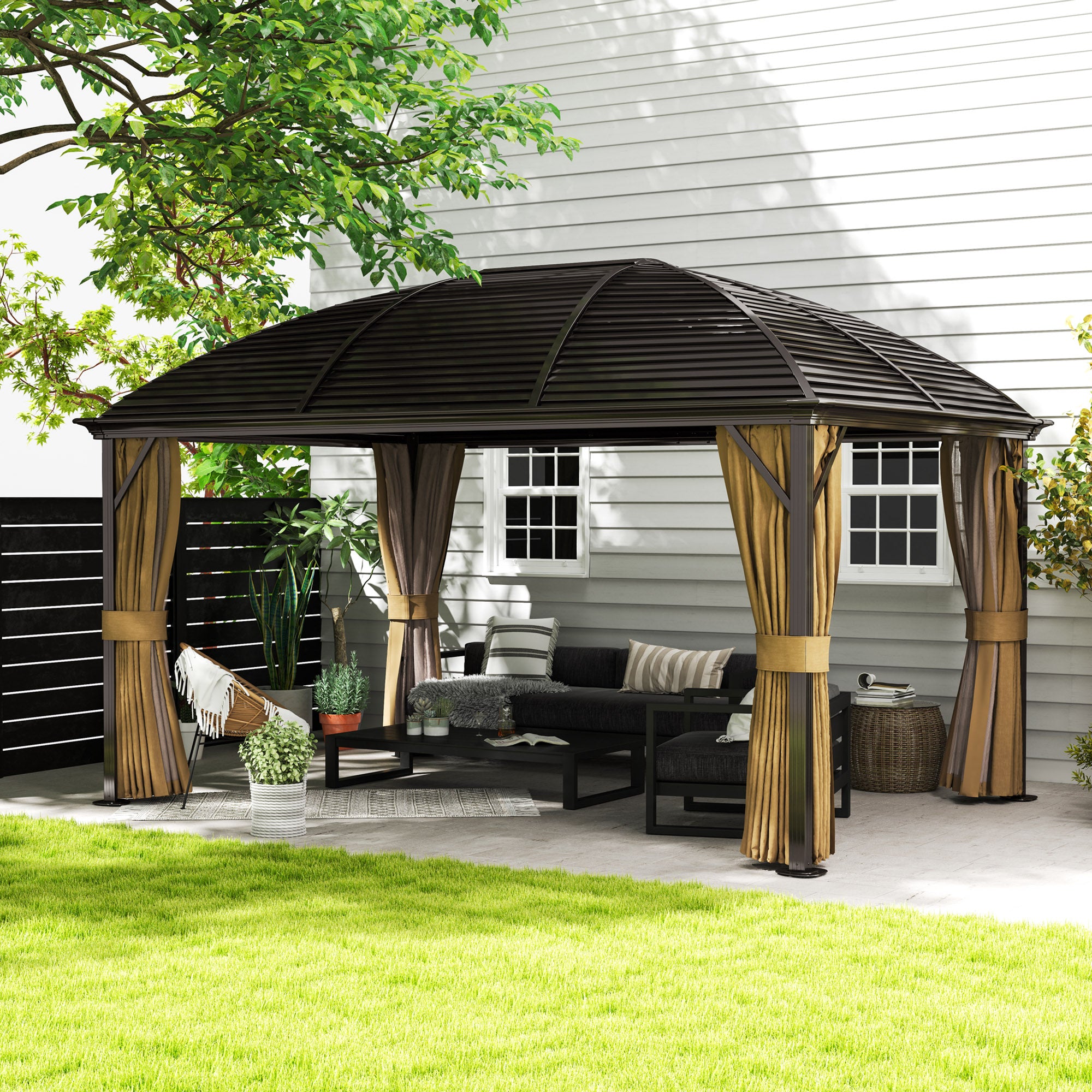 3 x 4m Aluminium Hardtop Gazebo with Netting and Curtains - Brown