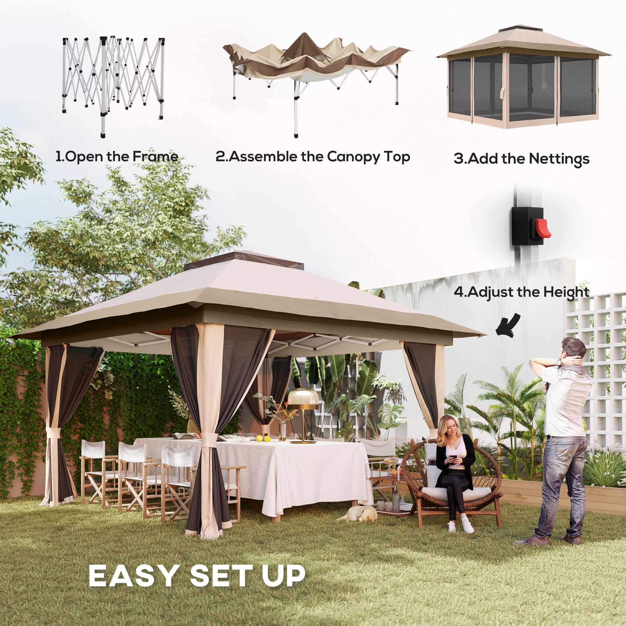 3.6 x 3.6m Pop-Up Gazebo with Accessories - Beige