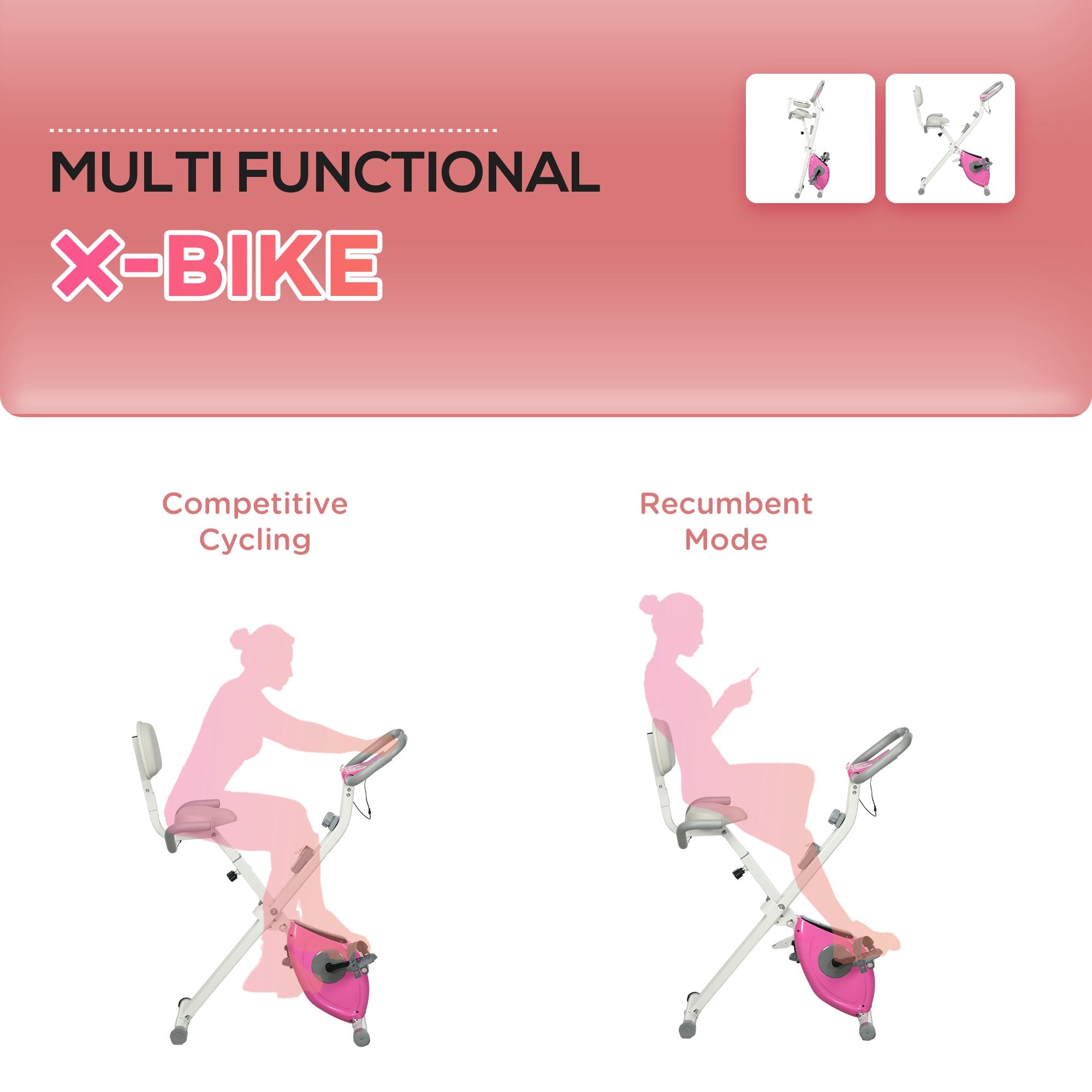 Folding Exercise Bike, with Adjustable Magnetic Resistance, Seat Height - White and Pink