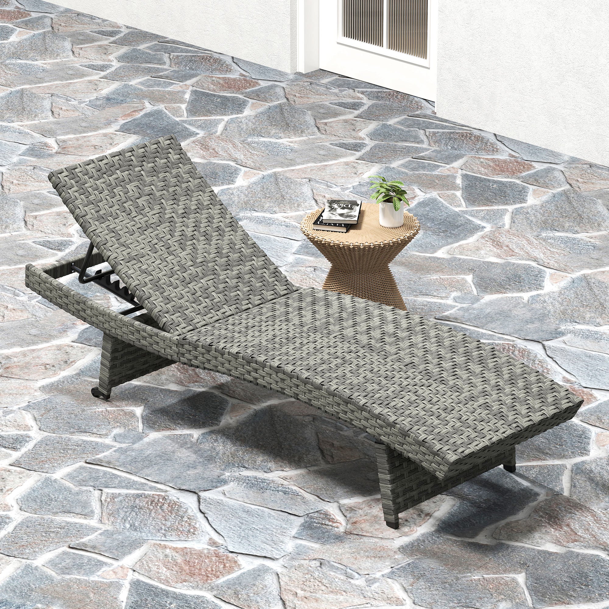 Outdoor PE Rattan Sun Lounger, Folding Wicker Garden Lounger Recliner with 4-Level Adjustable Backrest, Rolling Sunbed Lounge Chair with Wheels, Non-Slip Legs for Balcony, Beach, Mixed-grey