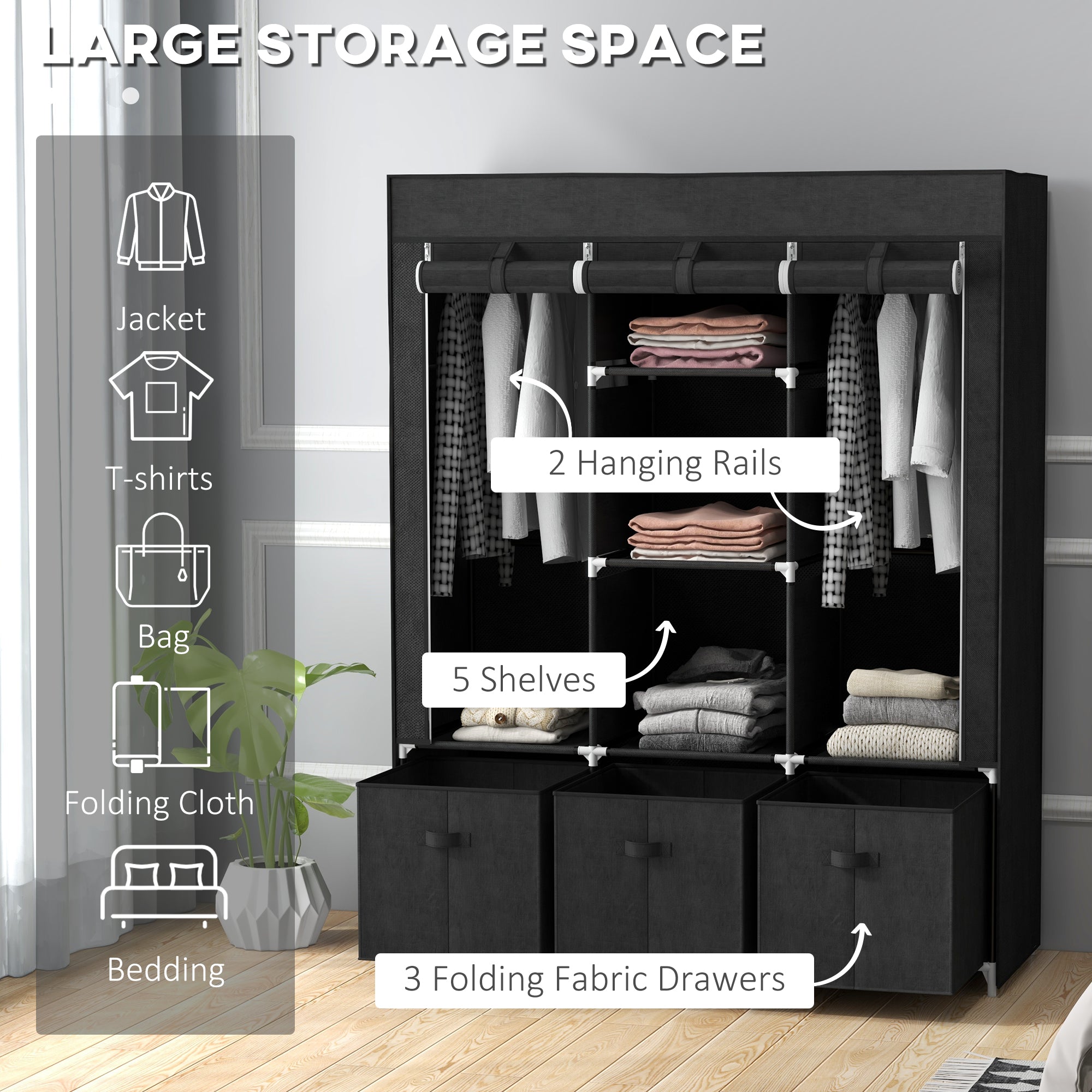 Foldable Fabric Wardrobe for Bedroom, Portable Wardrobe with 5 Shelves, 2 Hanging Rails and 3 Fabric Drawers, Black
