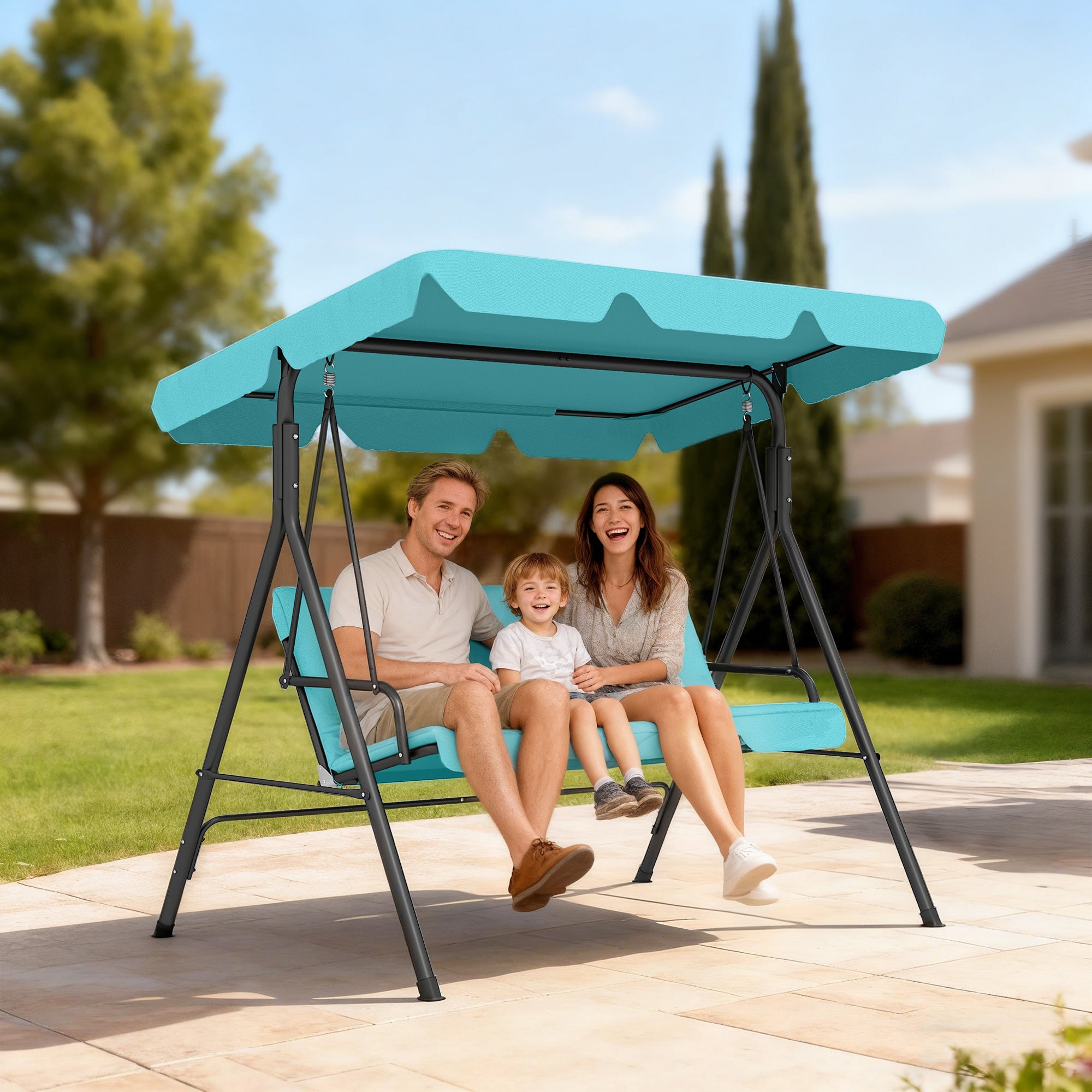 Three-Seater Garden Swing Chair, with Adjustable Canopy - Blue