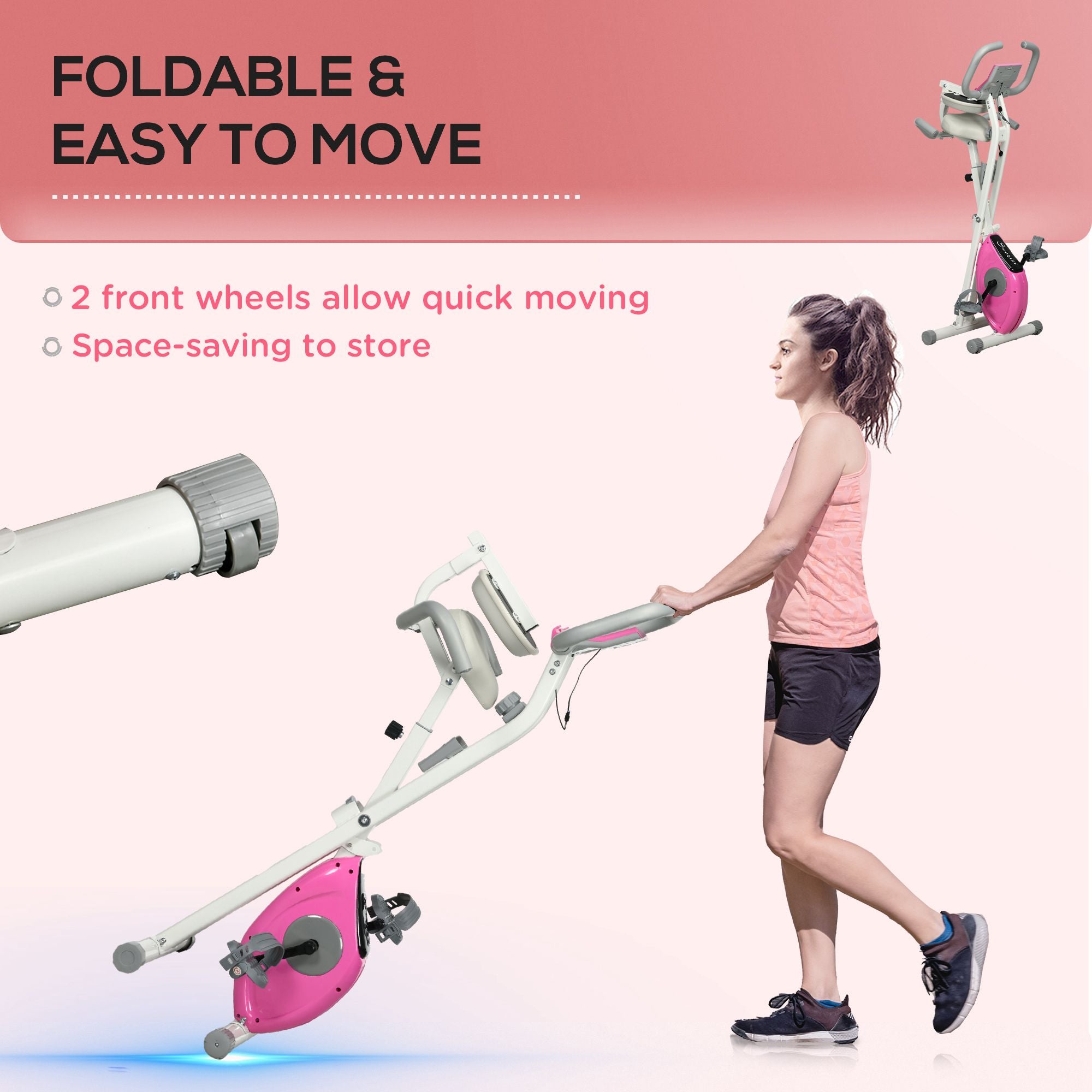 Folding Exercise Bike, with Adjustable Magnetic Resistance, Seat Height - White and Pink