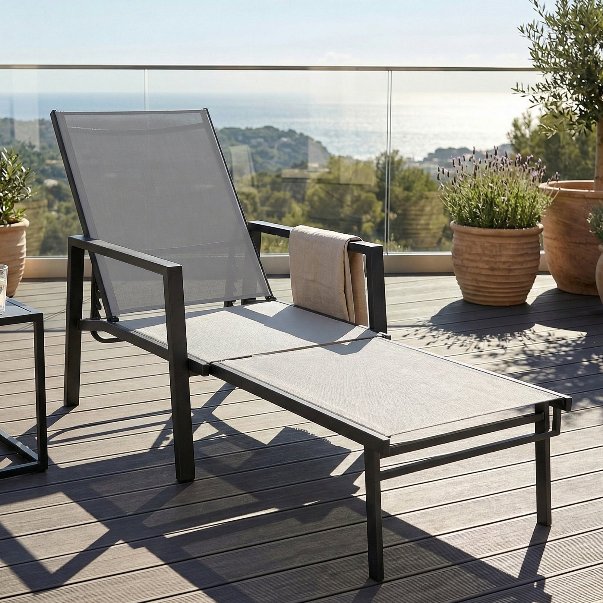 Sun Lounger Retracable Footrest 5-Position Adjustable Steel Frame for Beach, Porch, Patio, Camping, Dark Grey