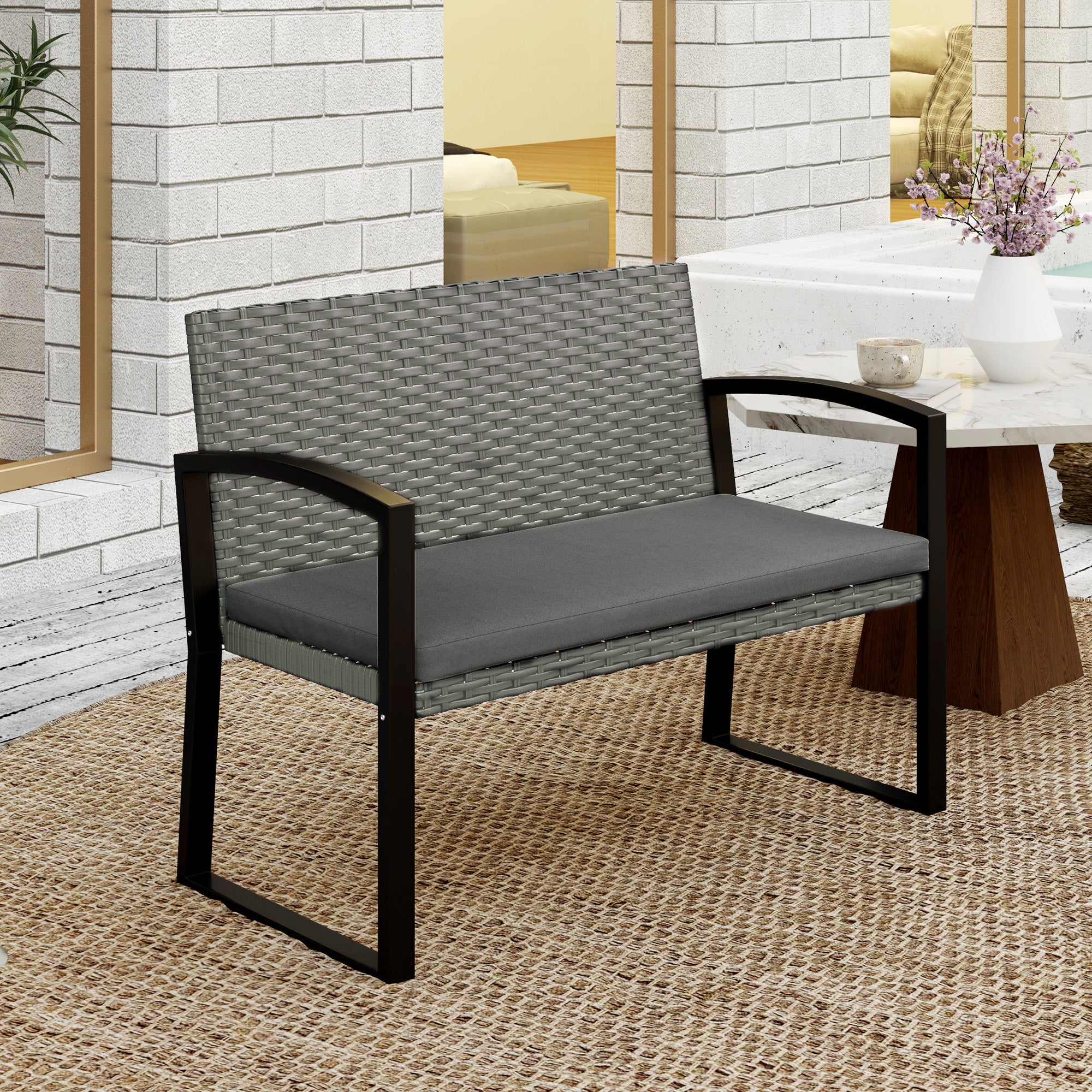 Two-Seater Rattan Garden Bench - Grey/Black