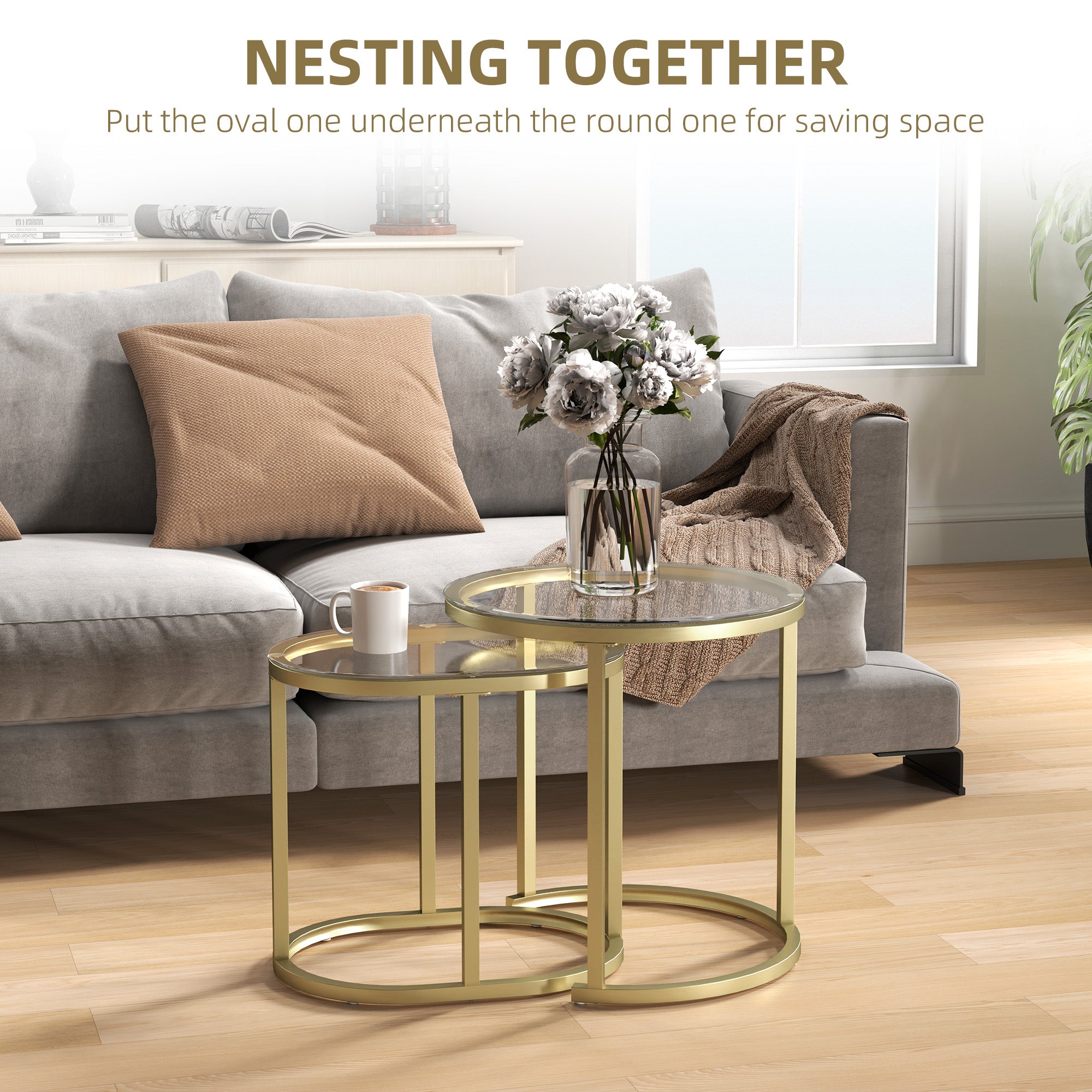 Modern Coffee Table Set of 2 with Steel Frame and Tempered Glass Tabletops - Clear