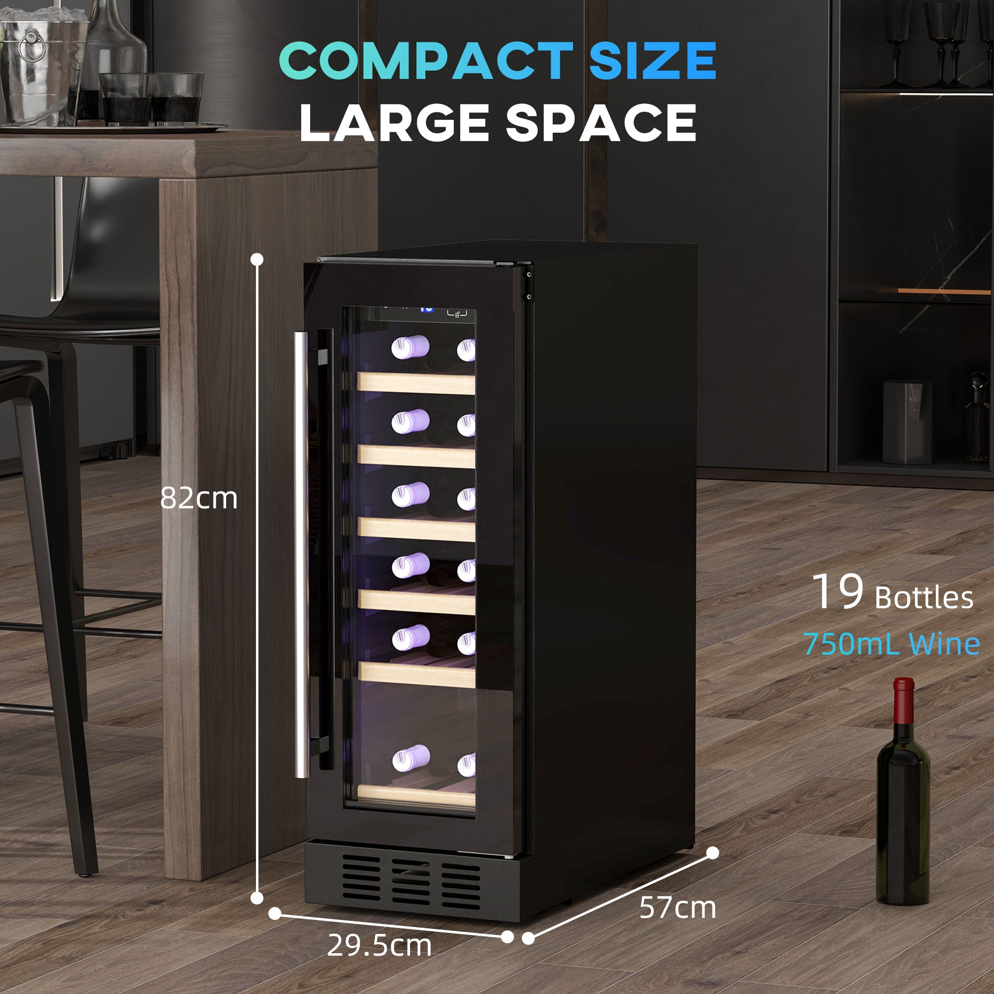 19 Bottle Wooden Rack Wine Fridge 5-18℃ Temperature Control - Black