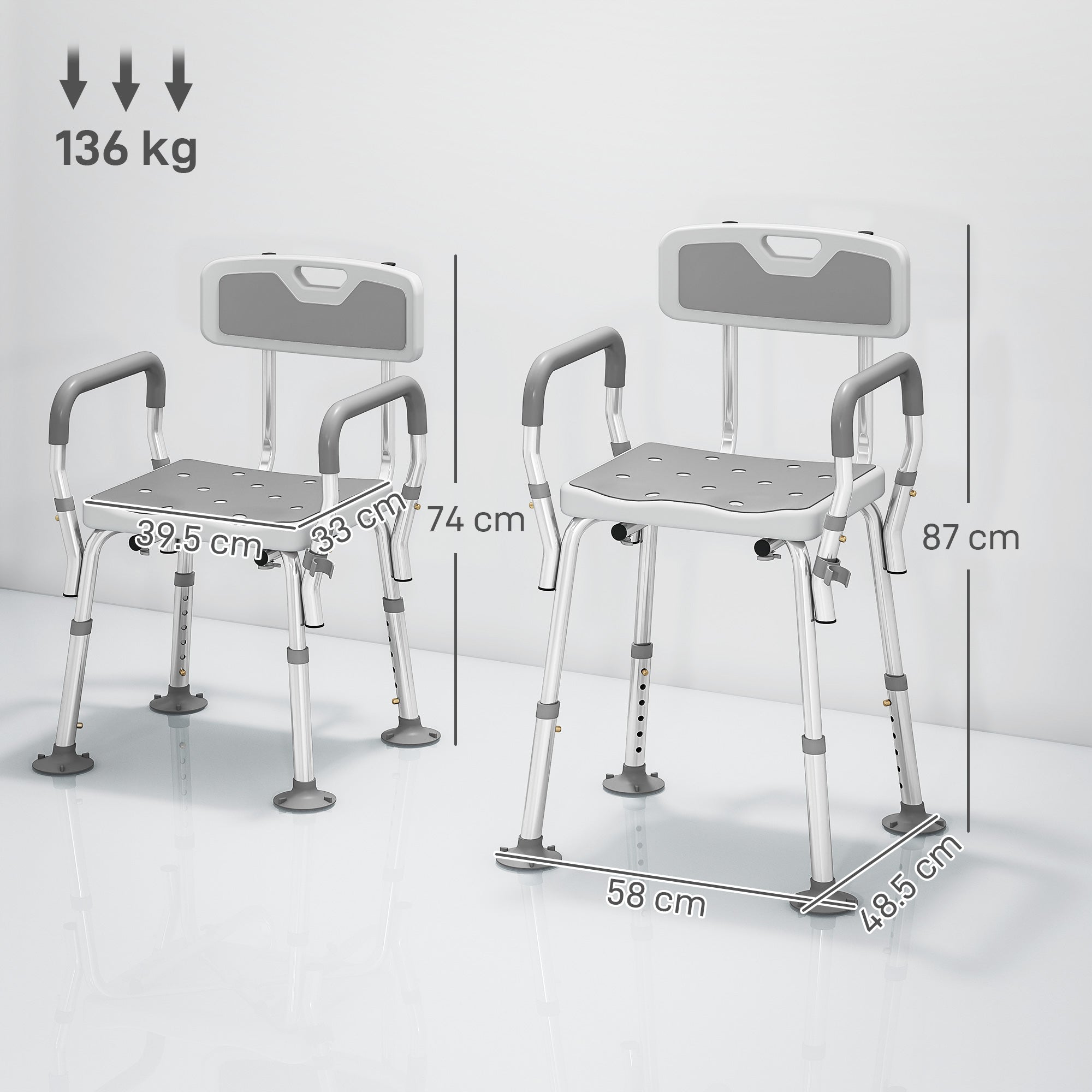 EVA Padded Shower Chair for the Elderly and Disabled, Height Adjustable Shower Stool with Back and Arms, 4 Suction Foot Pads, Light Grey