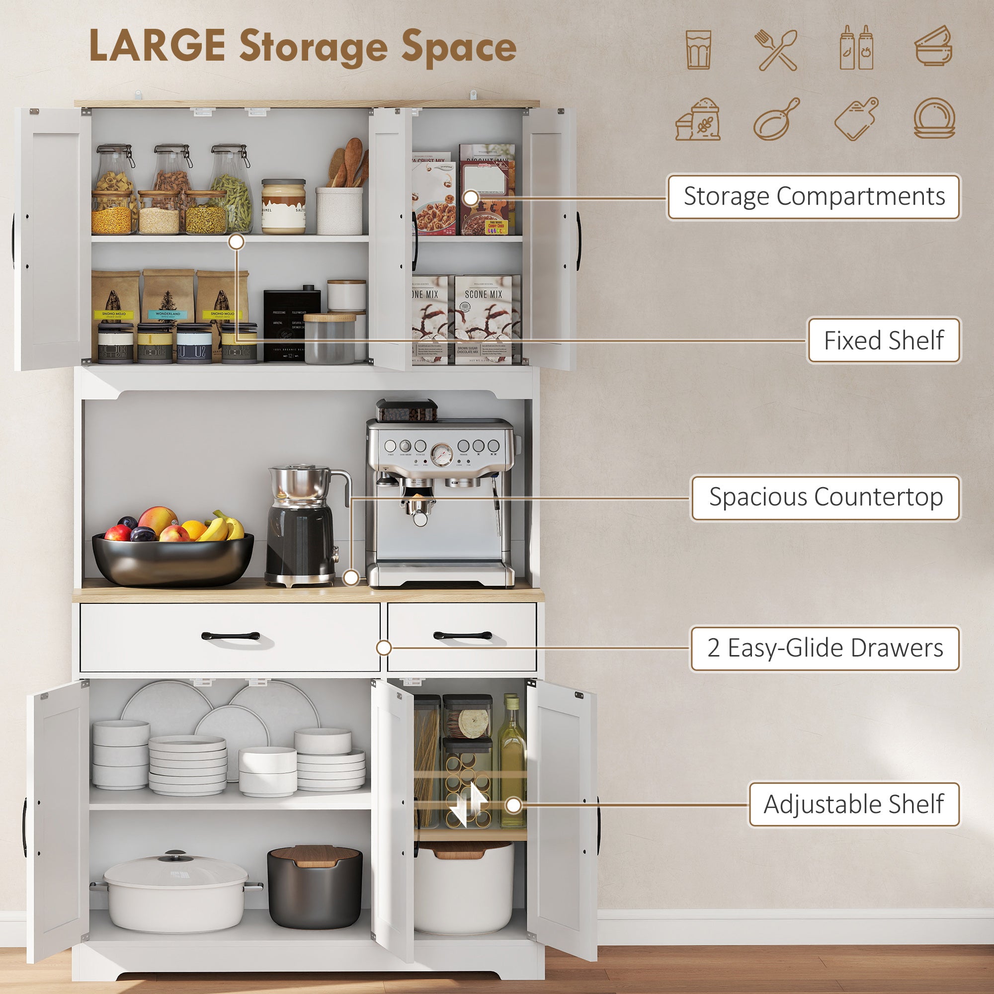 175 cm Tall Kitchen Pantry Cabinet with Microwave Stand, Freestanding Pantry Cupboard, White