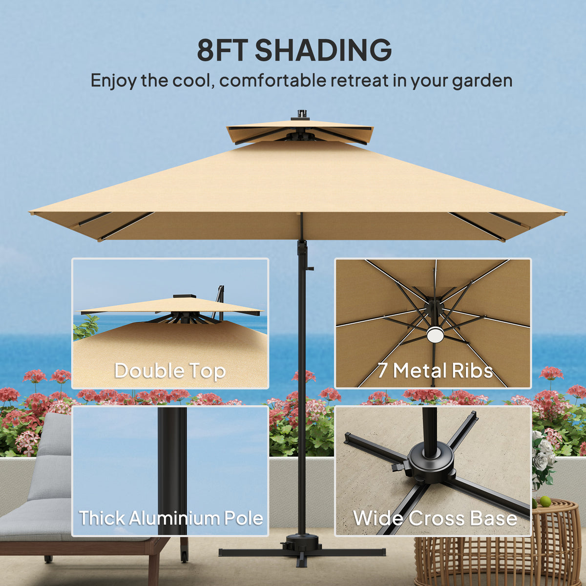 2.5m Cantilever Parasol with Solar LED Lights and 360° Rotation - Khaki