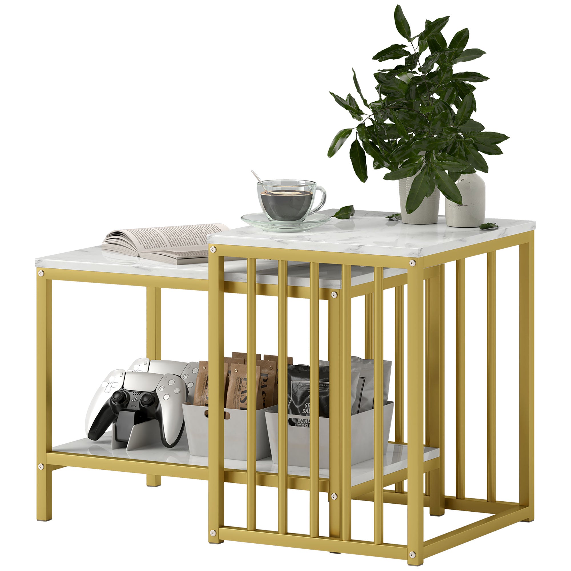 Modern Coffee Table Set of Two, Marble-Effect Nesting Side Tables with Steel Frame for Living Room, Gold Tone