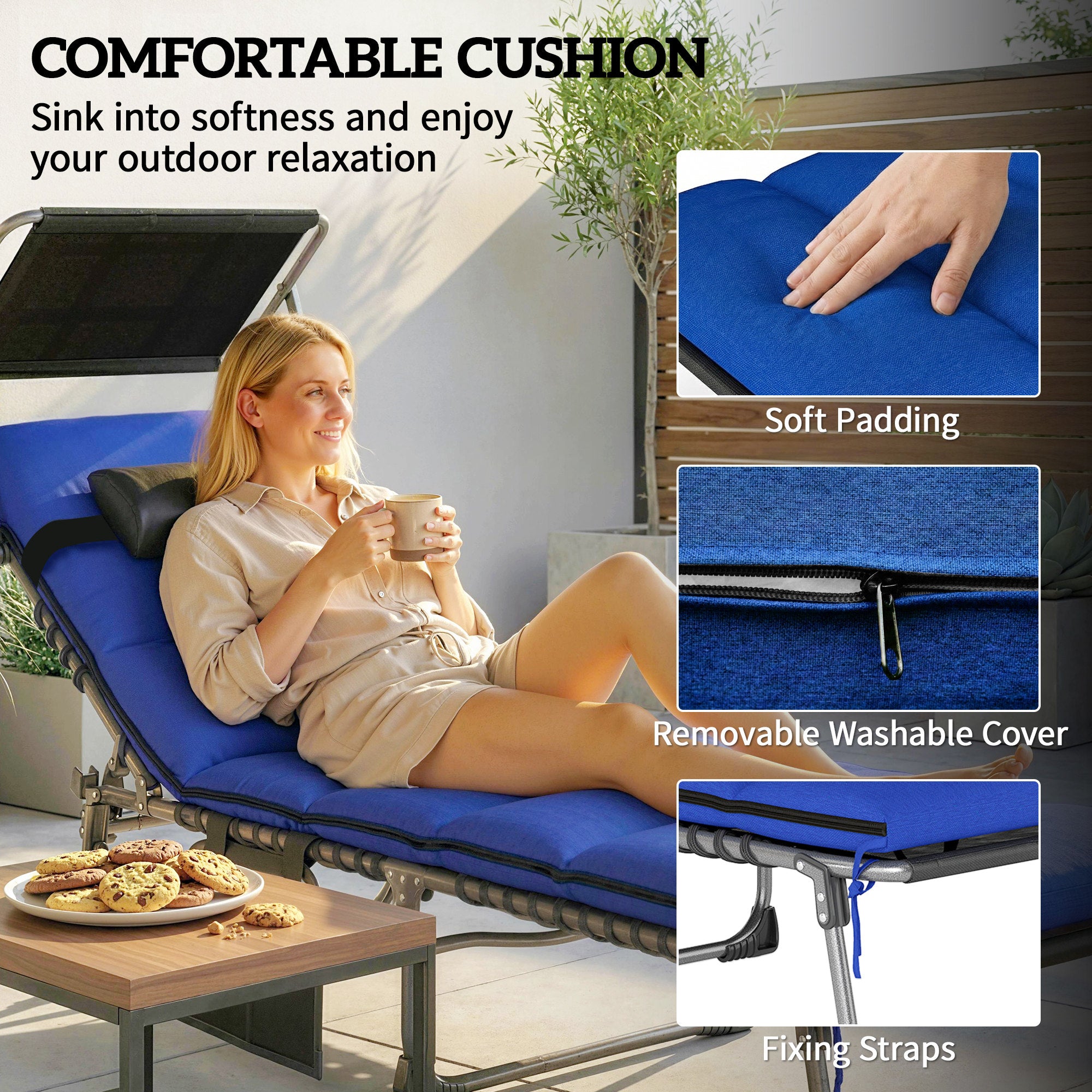 Folding Sun Loungers Set of 2 with Canopy, Reclining Sunbed with Cushion, Side Pocket, Carrying Handle, Dark Blue