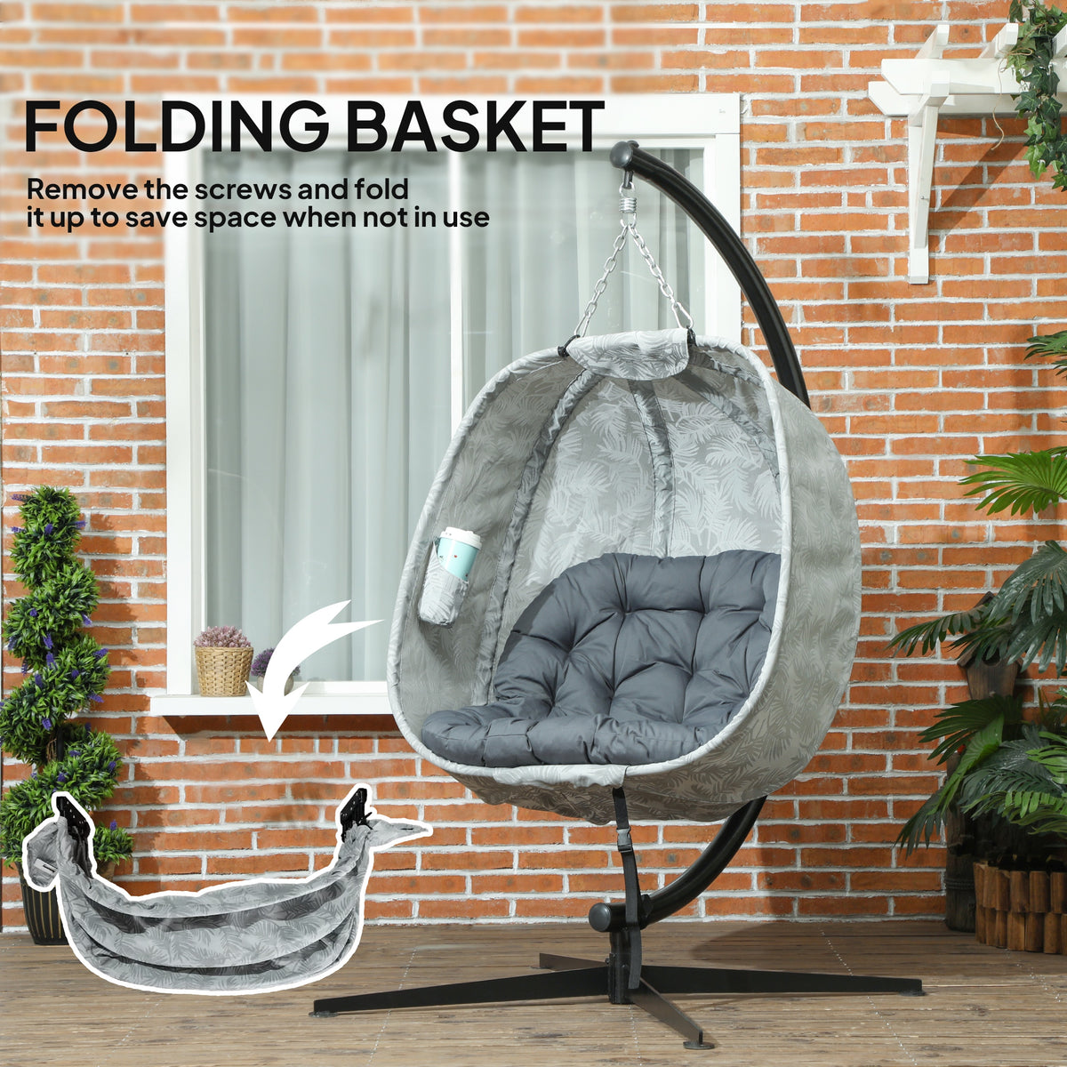 Hanging Egg Chair with Stand and Thick Cushion - Grey