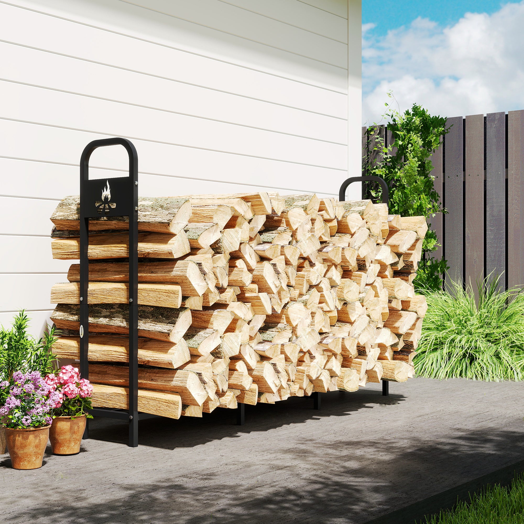 6.5 FT Steel Firewood Log Rack with 300 kg Capacity, Heavy Duty Indoor Outdoor Fireplace Wood Storage Shelf, Log Holder/Stand with Extra Support Legs, Decorative Bonfire Pattern, Black