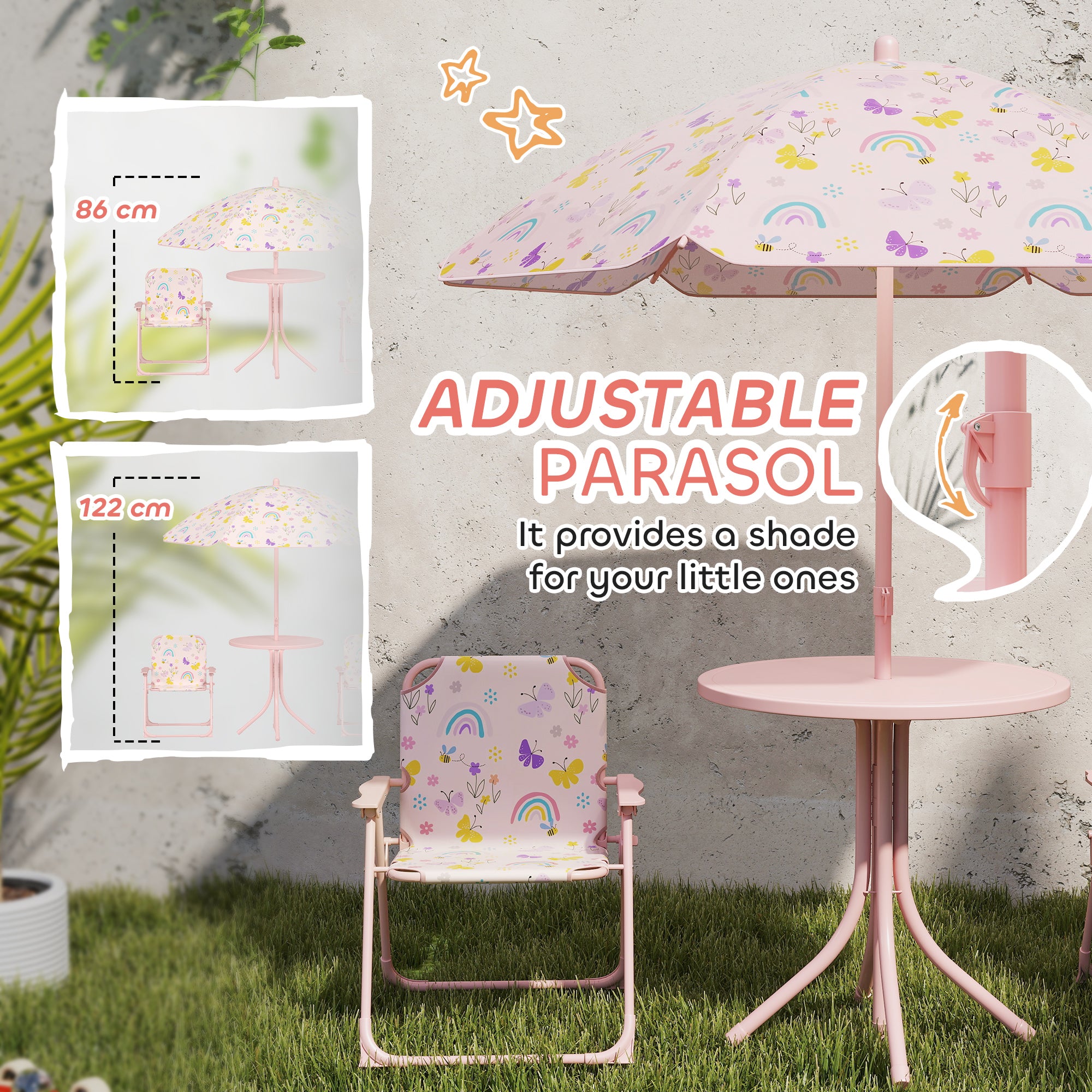 4 Pieces Kids Garden Table and Chair Set with Adjustable Parasol, Folding Chairs, Table, Rainbow Pattern, Pink