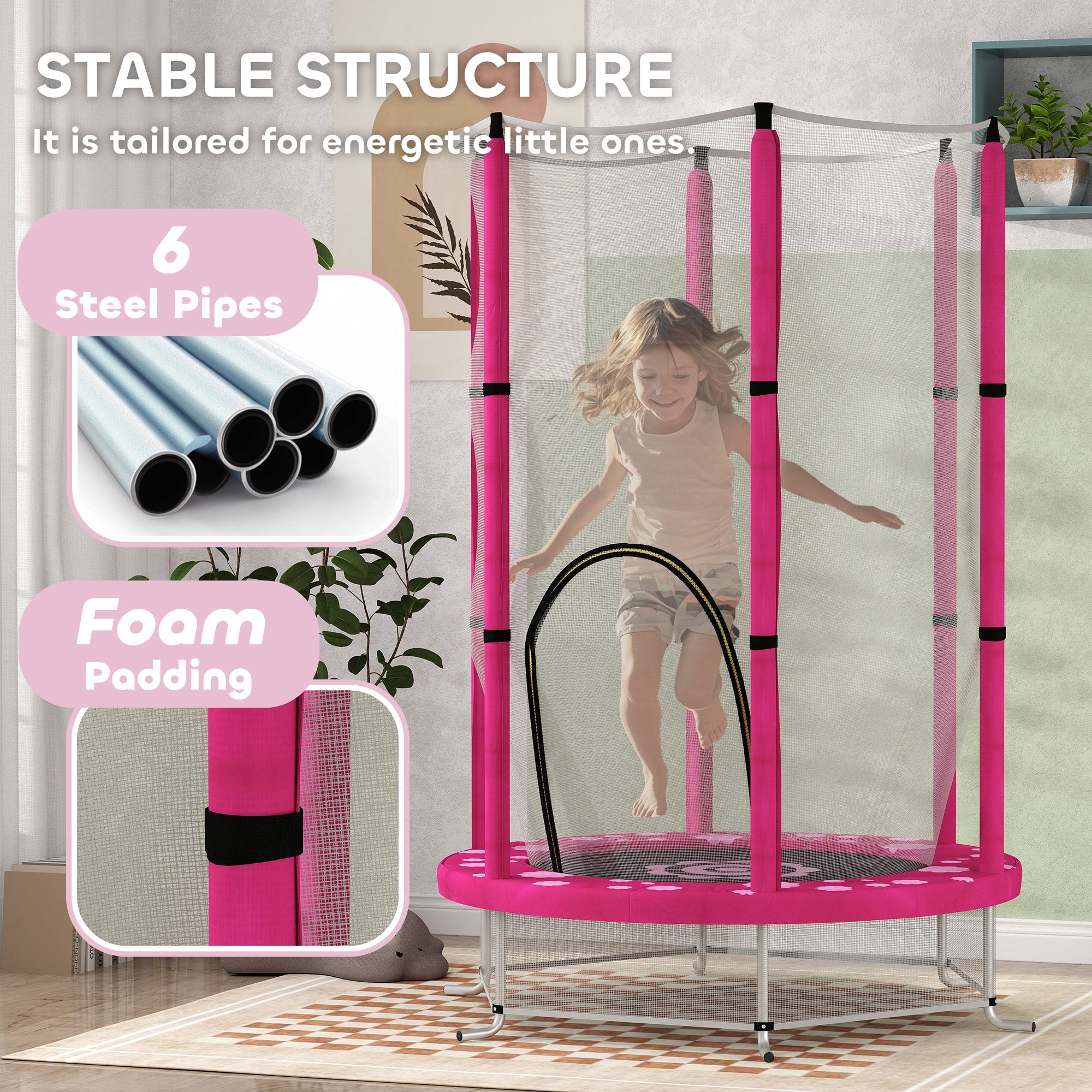 4.6FT Toddler Trampoline w/ Safety Enclosure Net, for Indoor Outdoor Use, Ages 3-6 Years, Sun Pattern - Pink