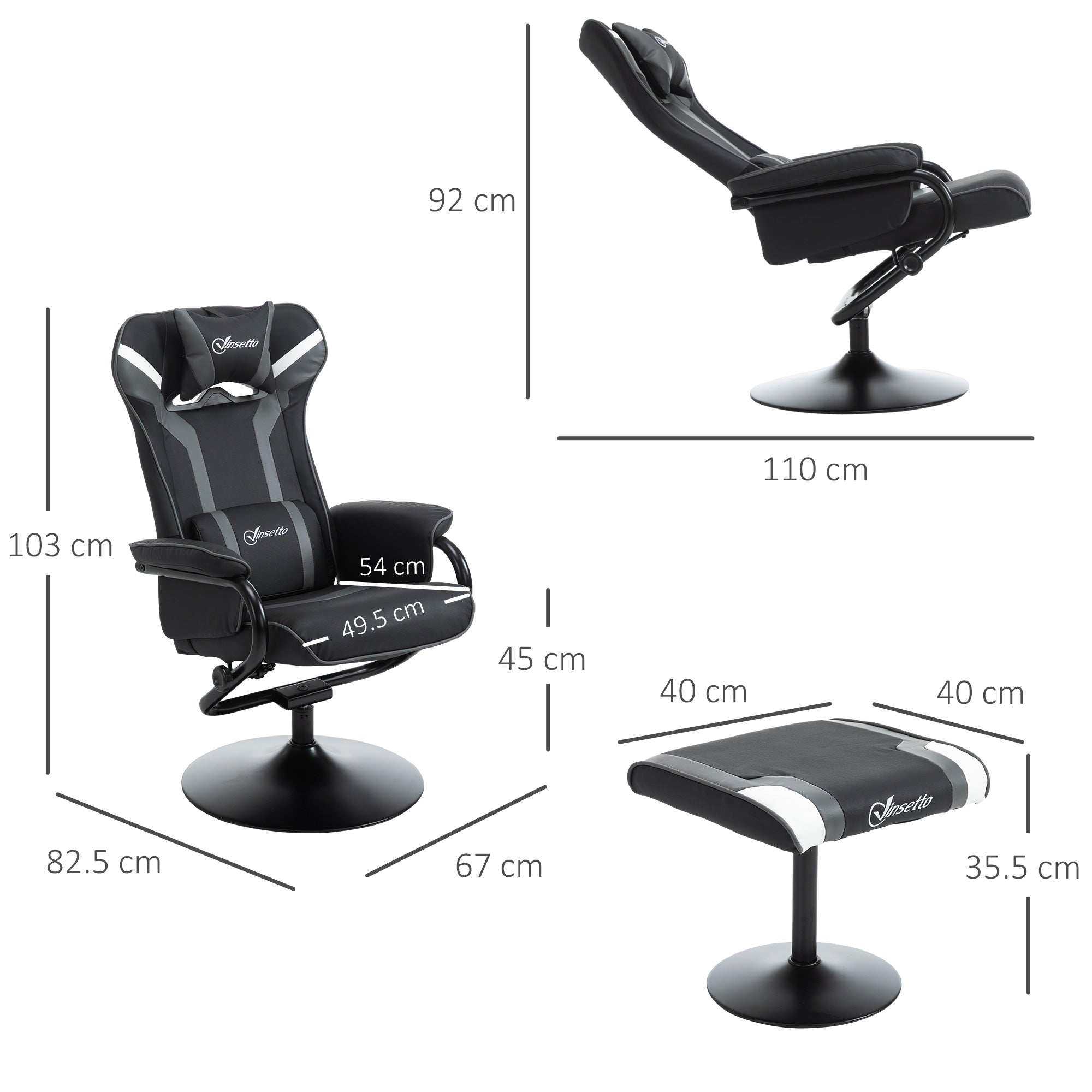 Reclining Chair and Stool Set, Recliner Chair with Headrest, Gaming Chair with Lumbar Support, Pedestal Base for Home Office, Grey