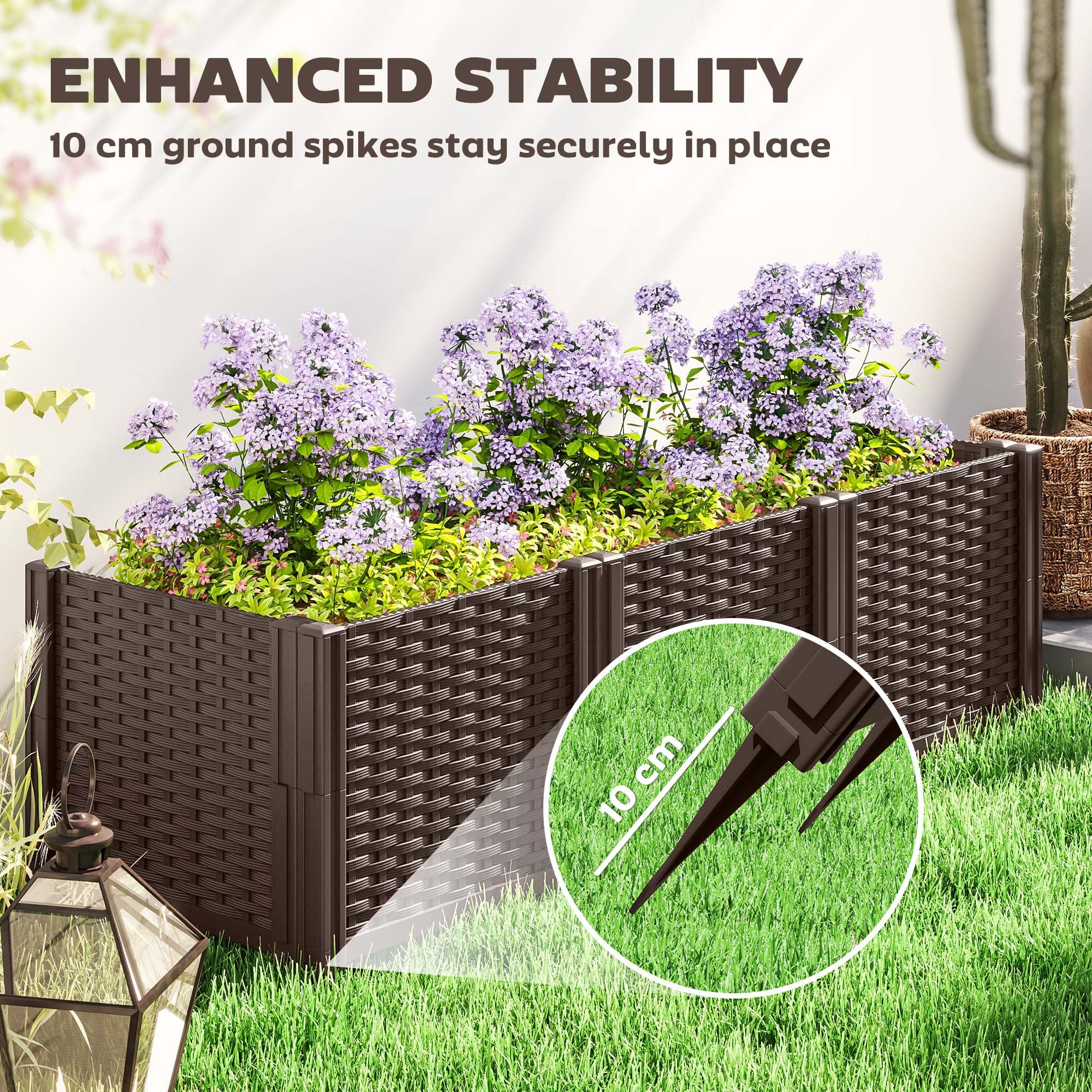 Modular Plastic Raised Garden Bed Kit with Fence Edging - Brown