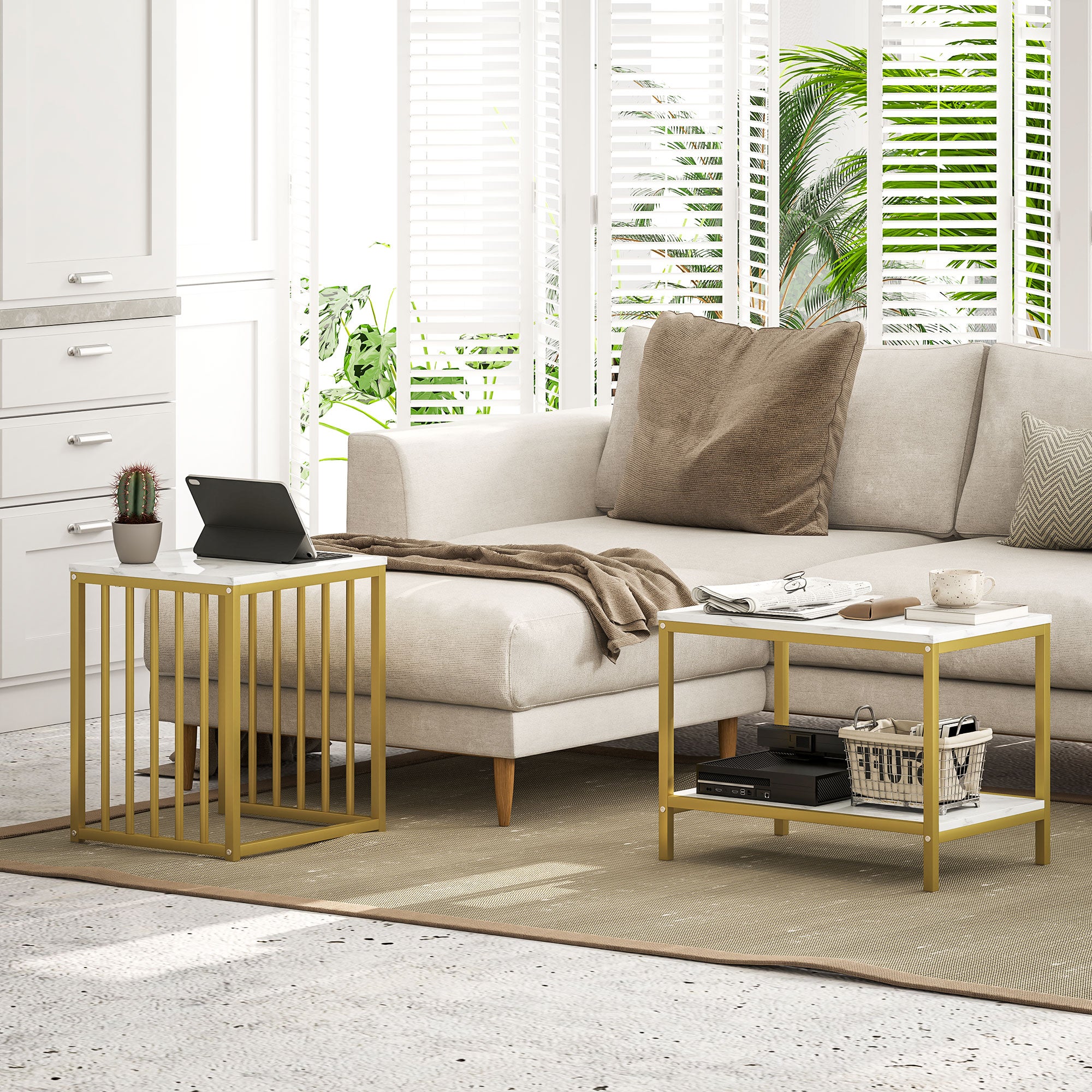 Modern Coffee Table Set of Two, Marble-Effect Nesting Side Tables with Steel Frame for Living Room, Gold Tone