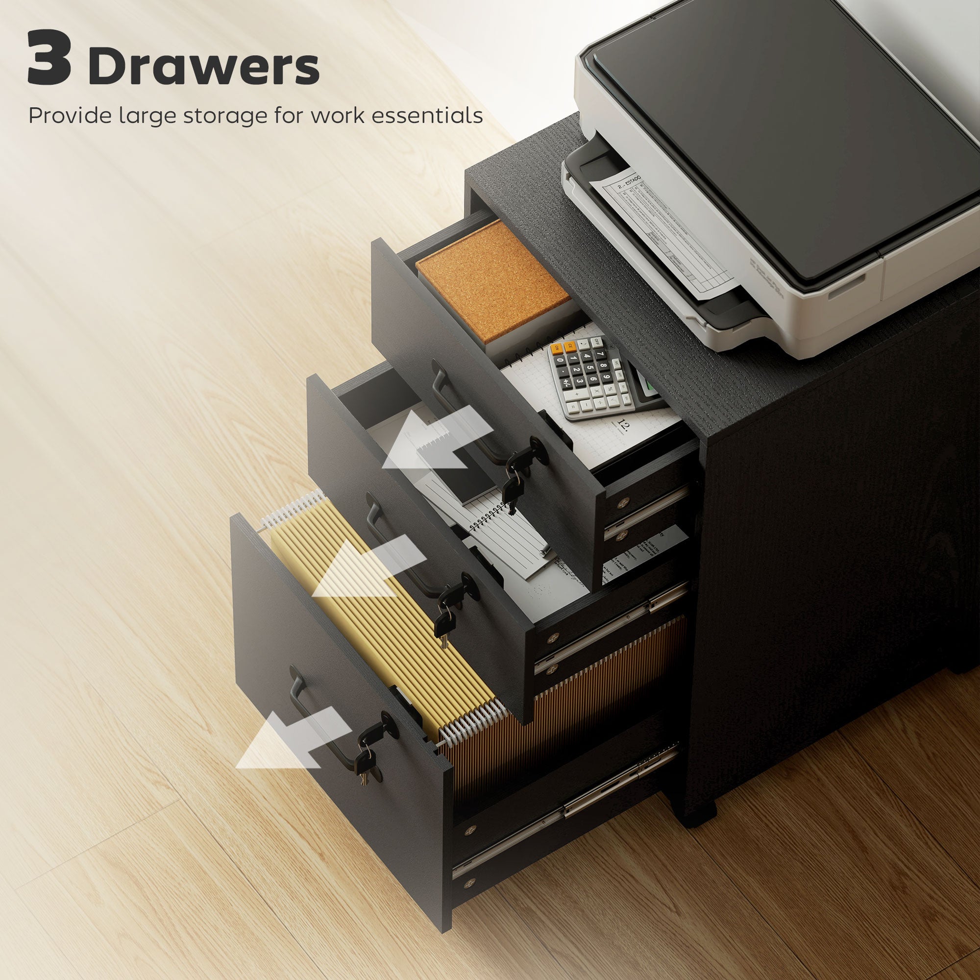 Three Drawer Wood-Effect Filing Cabinet - Black