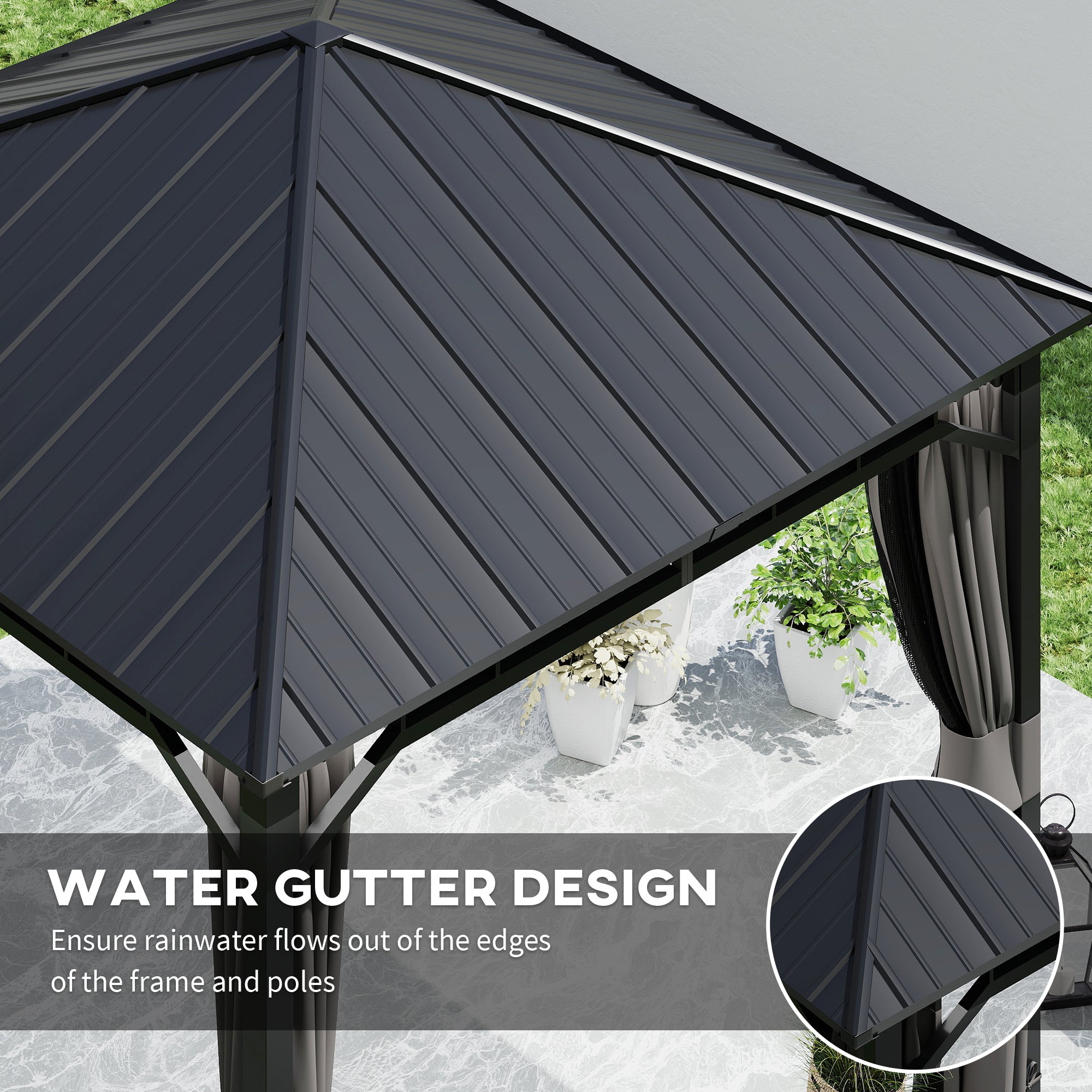 3 x 3m Hardtop Gazebo with Galvanised Steel Roof, Water Gutter, Netting & Curtains for Patio - Dark Grey