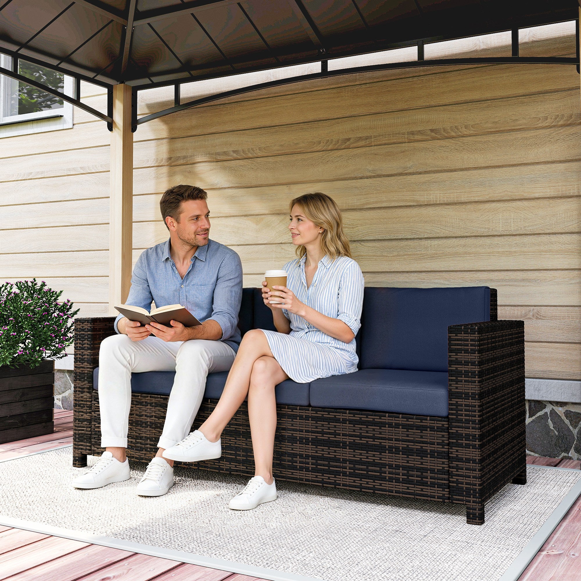 3 Seater Rattan Sofa All-Weather Wicker Weave Metal Frame Chair with Fire Resistant Cushio-Dark Blue