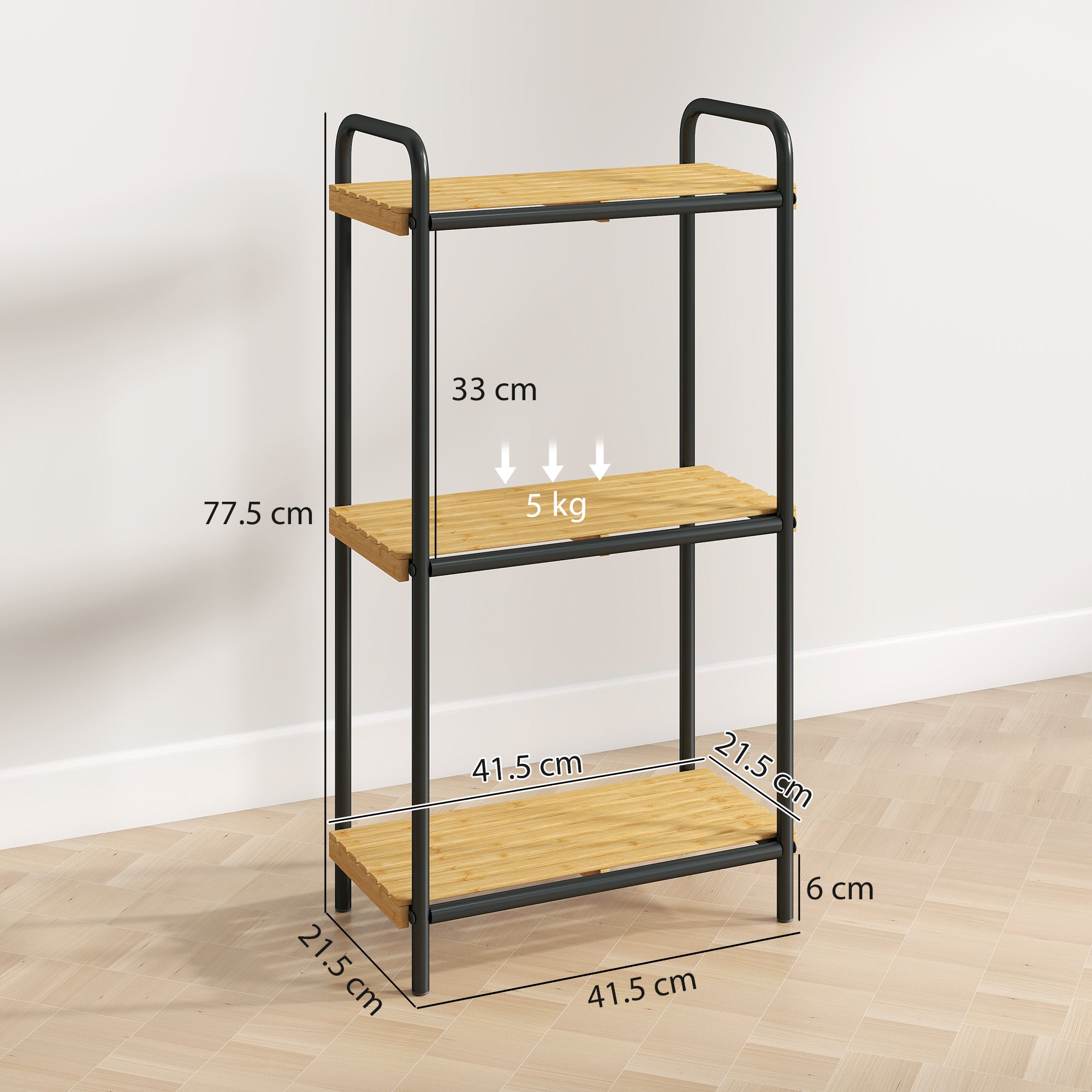 3-Tier Bamboo Bathroom Storage Shelf, Freestanding Narrow Shelving Unit with Slatted Shelves for Kitchen Bathroom Living Room, 41.5 x 21.5 x 77.5 cm, Natural and Black