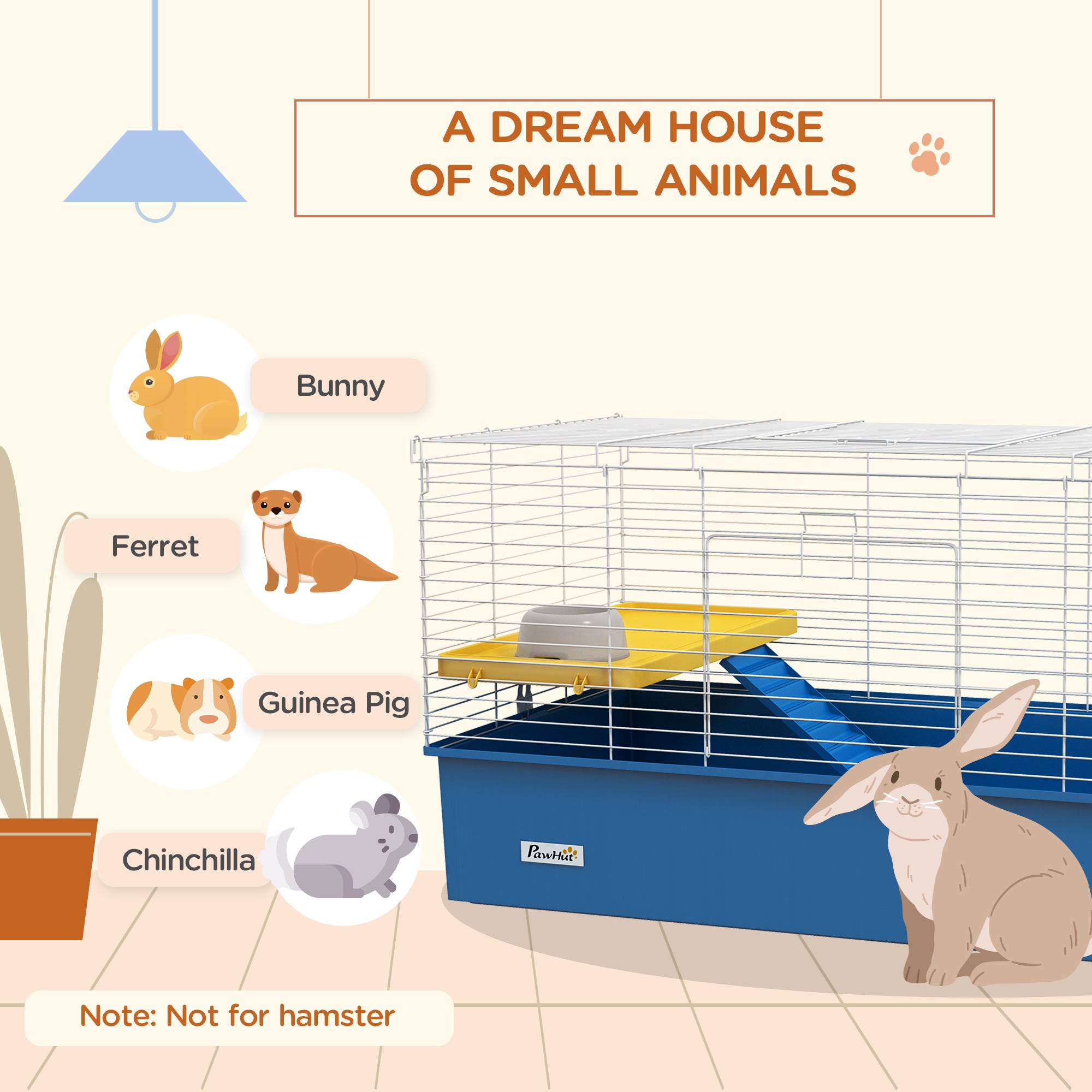 Chinchillas Small Rabbit Guinea Pig Small Animal Cage, Pet Playhouse, with Platform, Ramp, 99 x 52 x 53cm, Blue