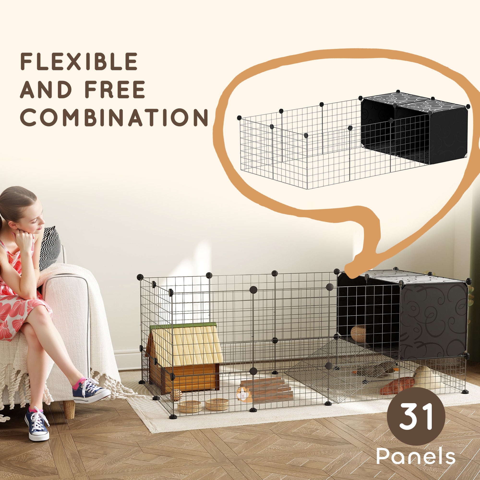 DIY Small Animal Cage with Elevated Huts, C&C Cage for Guinea Pigs, Hedgehogs, Rabbits, 31 Panels, Black
