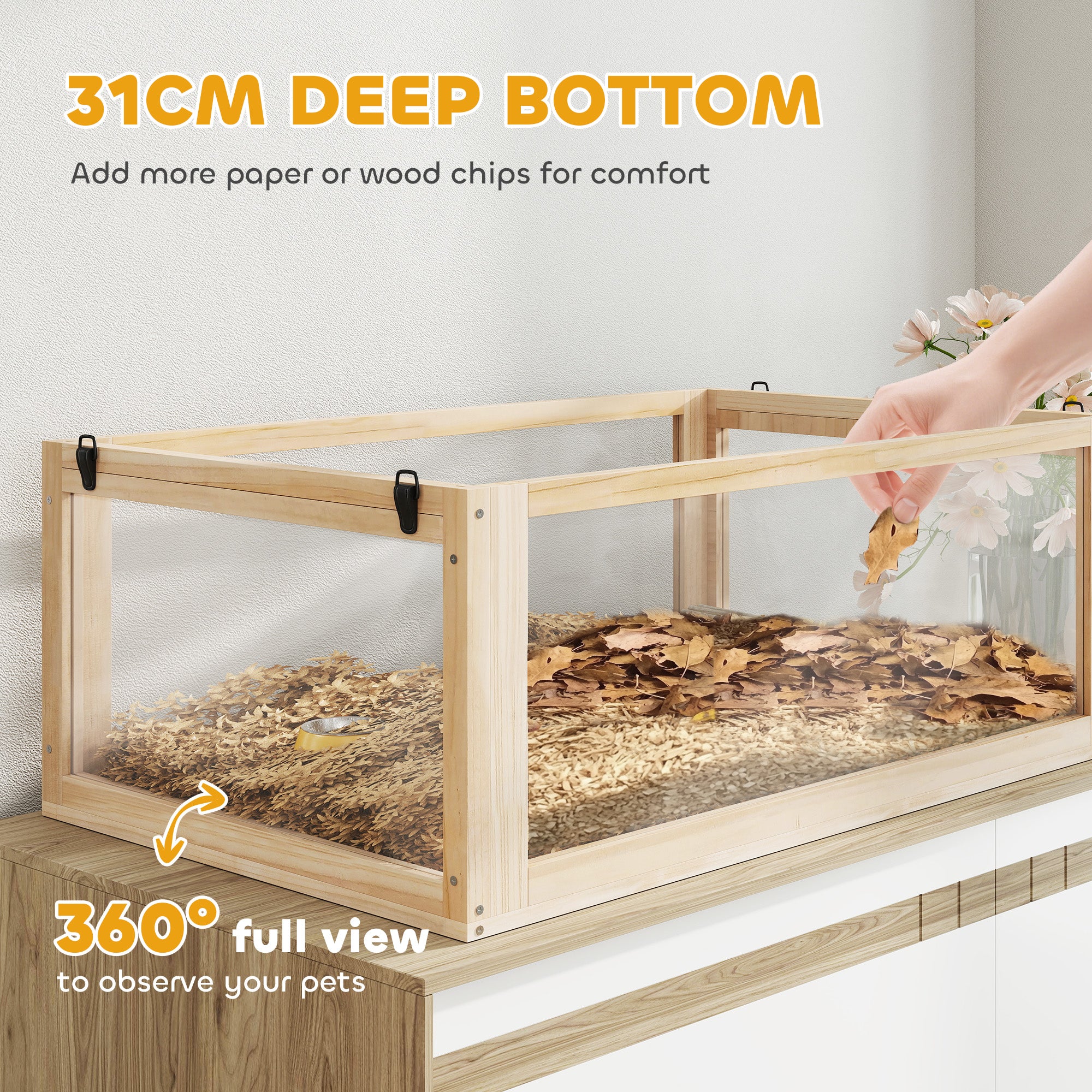 Wooden Hamster Cage with Detachable 31cm Deep Bottom, Hut, Seesaw, Exercise Wheel, Ramp, 80 x 50 x 76cm, Natural