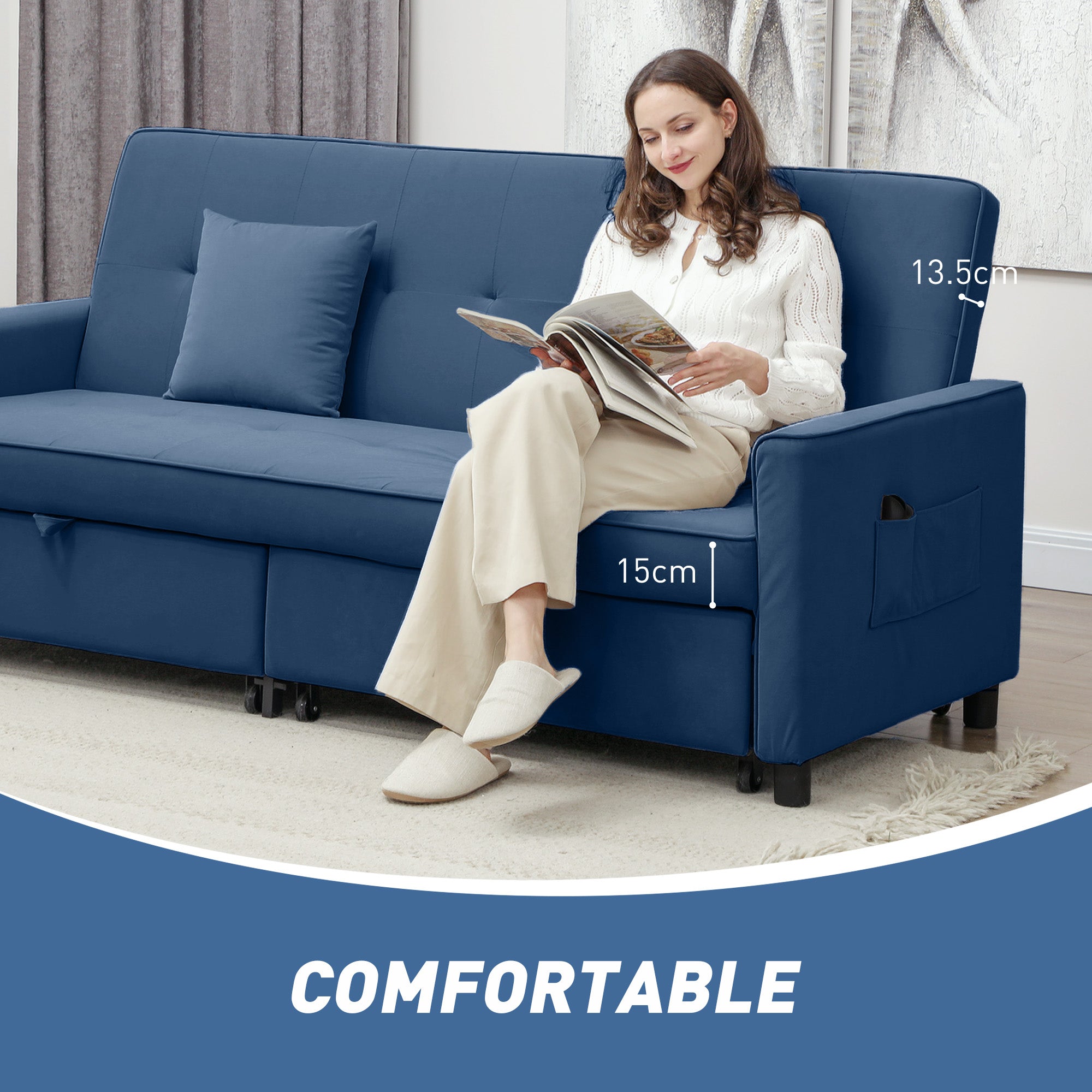Three-Person Velvet-Feel Sofa Bed with Cushions and Adjustable Backrest - Blue