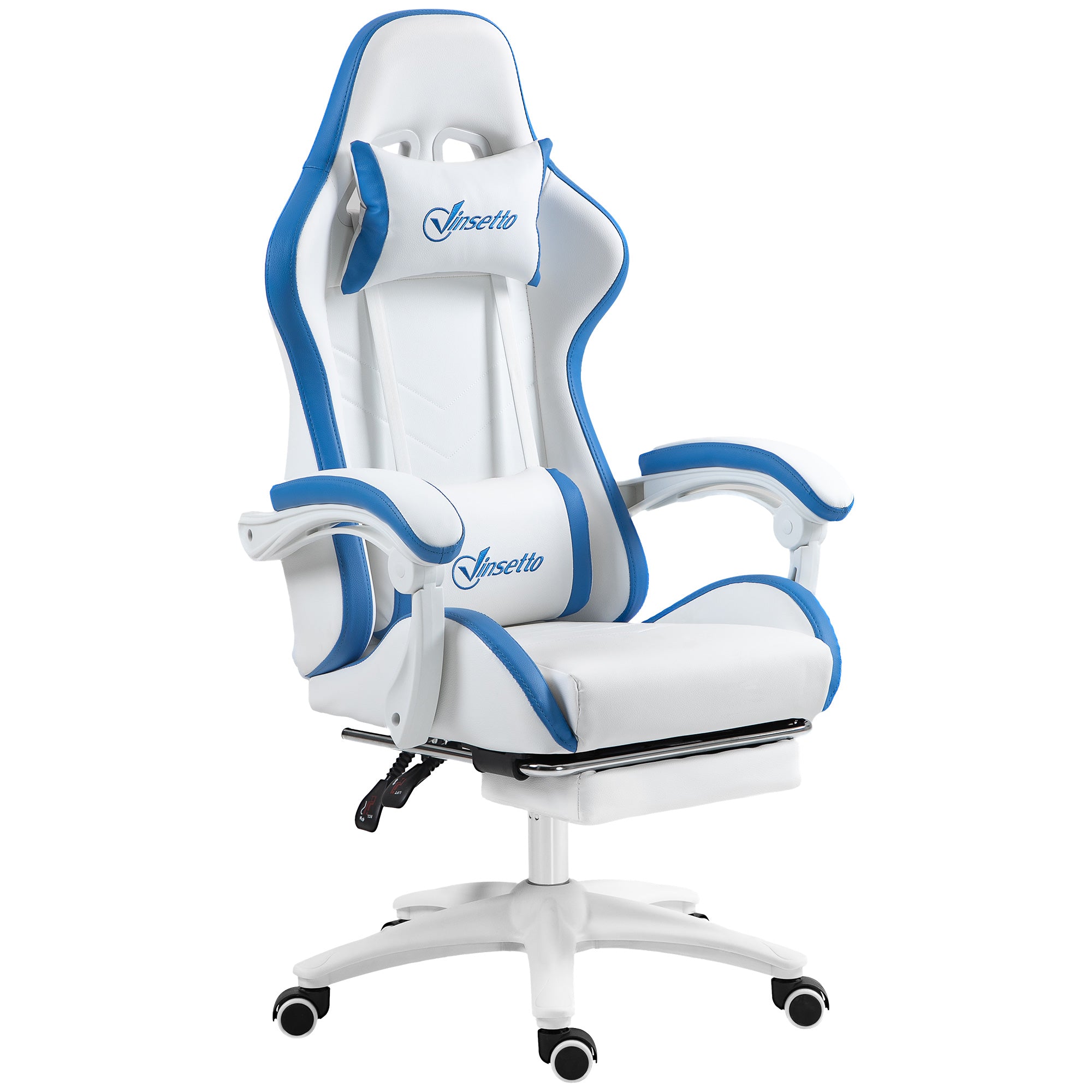 Computer Gaming Chair, PU Leather Desk Chair with Footrest, Swivel Task Chair with 135° Reclining Back and Lumbar Support, PC Chair for Adults, White and Blue