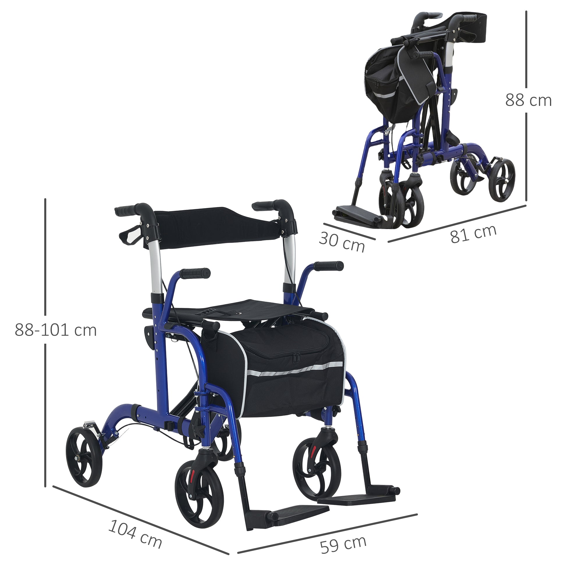 2 in 1 Folding Wheelchair Transport Chair & Rollator Walker with Seat, Backrest, Footrest, Adjustable Height, 4 Wheels for Seniors - Pearl Blue