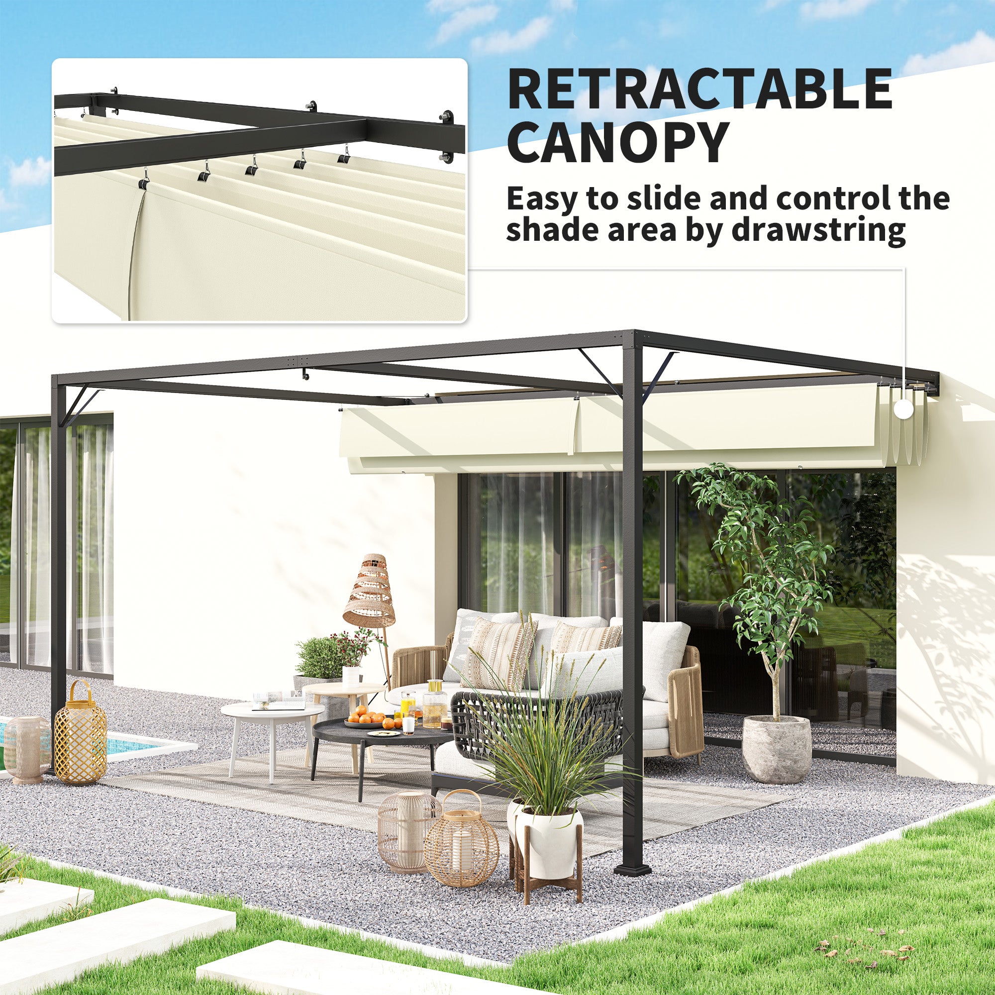 4 x 3 Metre Retractable Pergola Canopy - Cream White Metal Frame