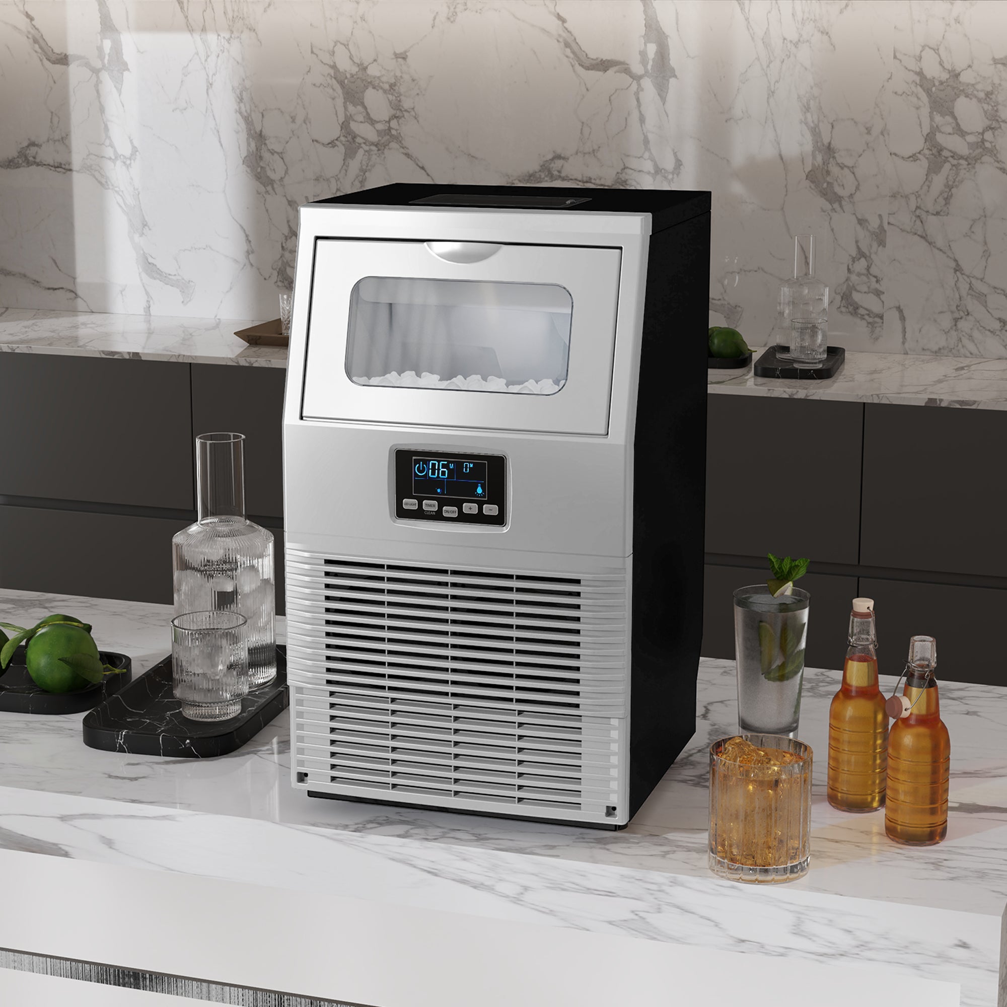 Commercial Ice Maker Machine 30kg/24h with Digital Control, Self-Cleaning & Ice Scoop, 4kg Storage - Silver Black