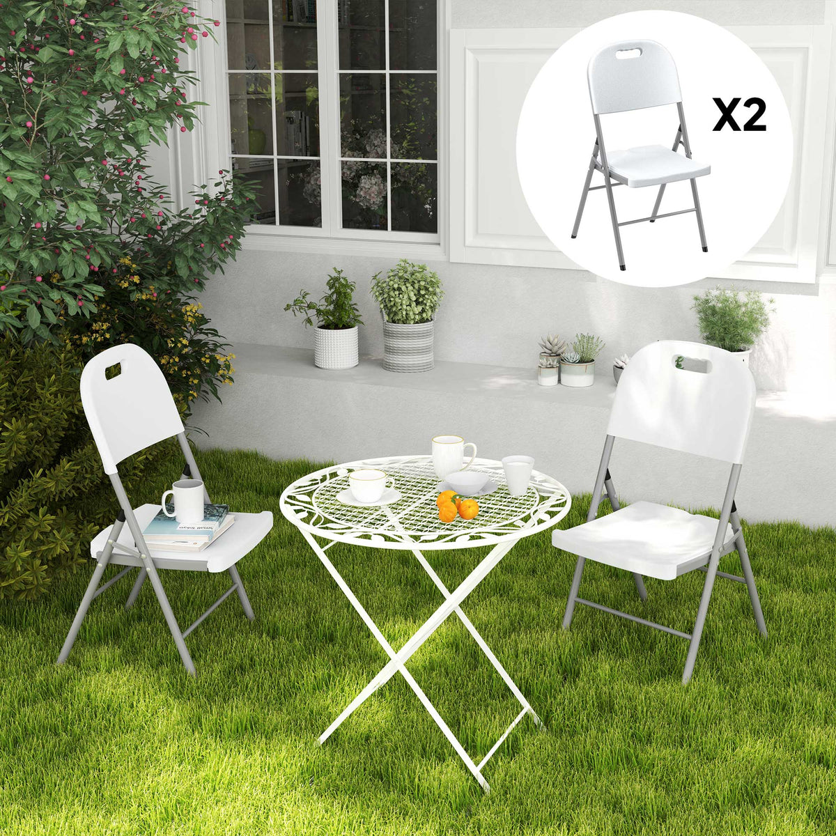 Set of 2 Foldable Steel Frame Outdoor Chairs with Plastic Seats - White