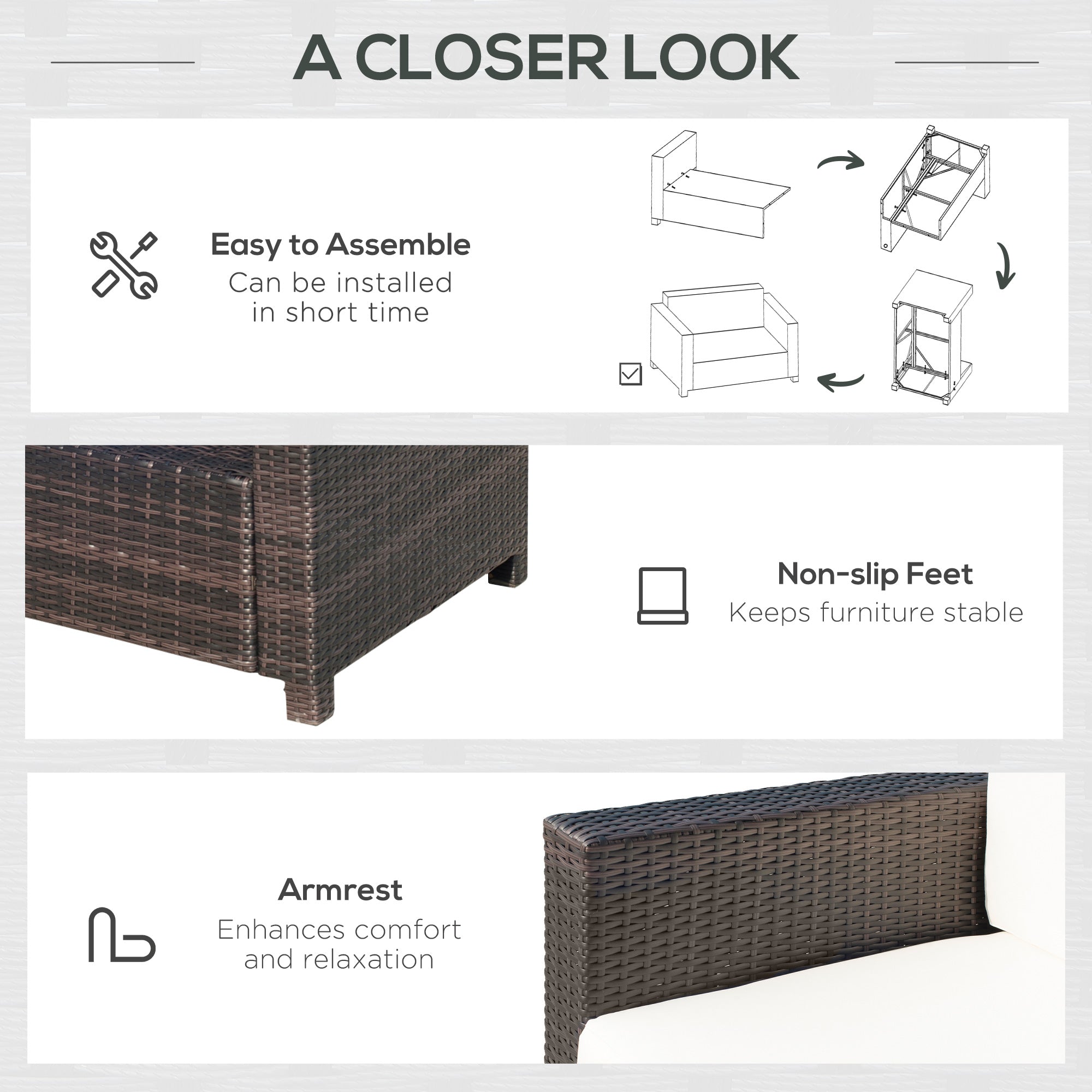 2 Seater Rattan Garden Sofa with Padded Cushions - Mixed Brown