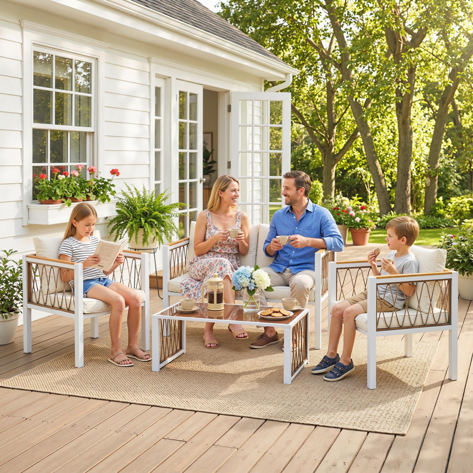 4 Piece Rattan Garden Furniture Set with Loveseat, 2 Armchairs, Table, Metal Frame Patio Conversation Set, Cream White