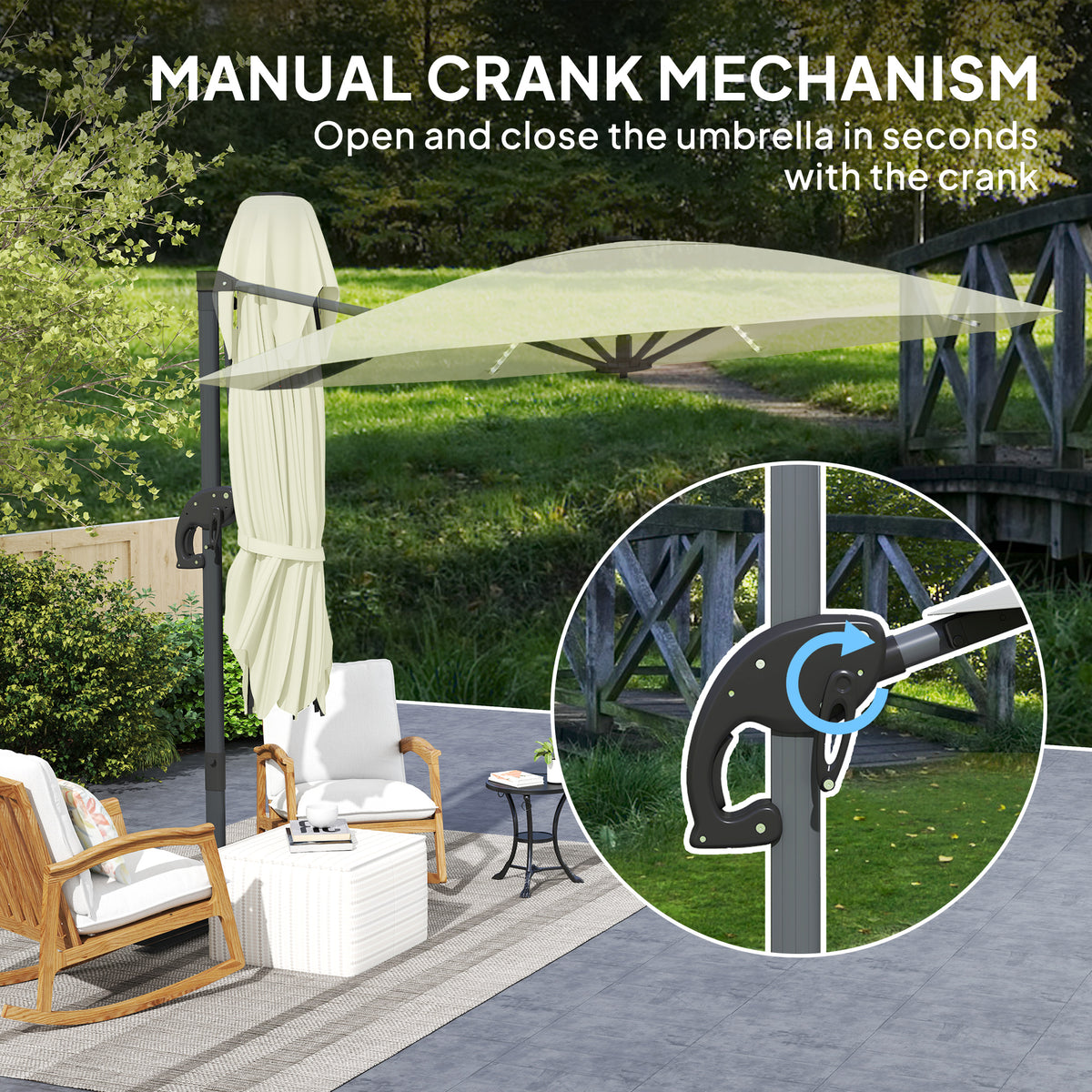 3 Metre Cantilever Garden Parasol with Solar Lights and Crank Handle - Cream