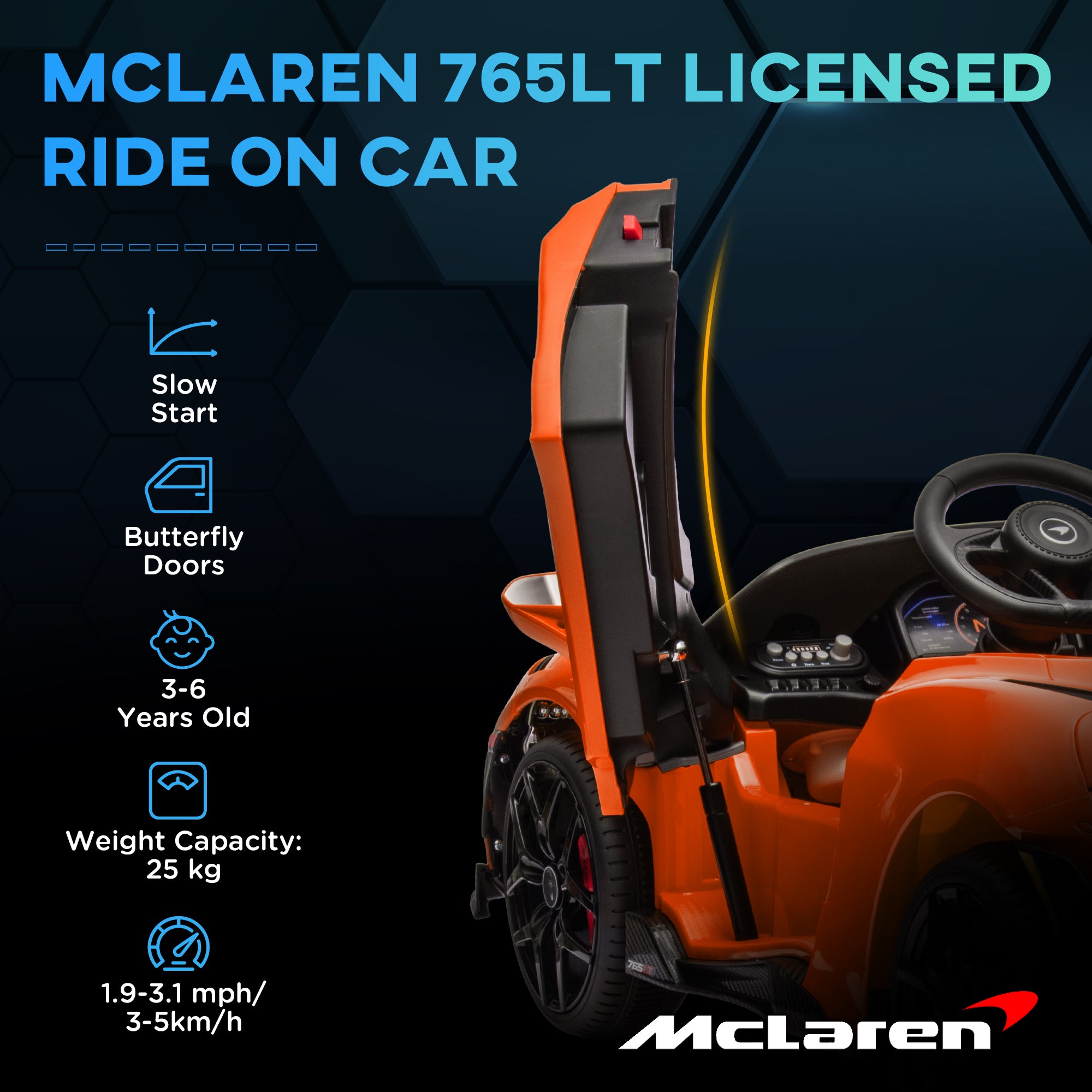 McLaren 765LT Licensed 12V Kids Electric Ride on Car with Butterfly Doors Remote Control Transport Wheels Orange