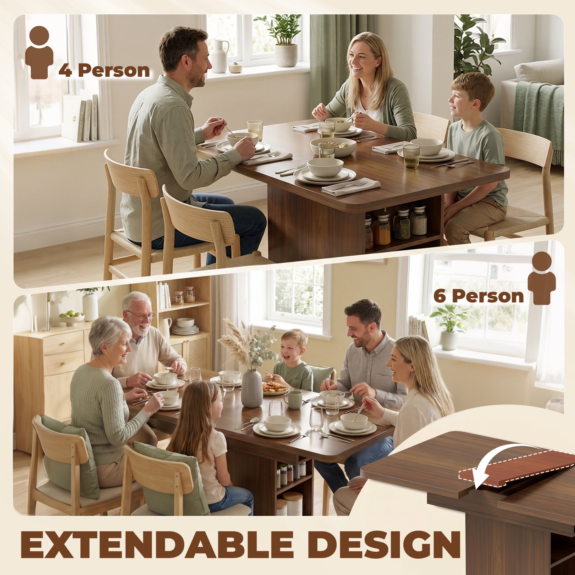 Extendable Dining Table for 4-6 People, 110-130cm Kitchen Table with 6 Open Shelves, Walnut Brown